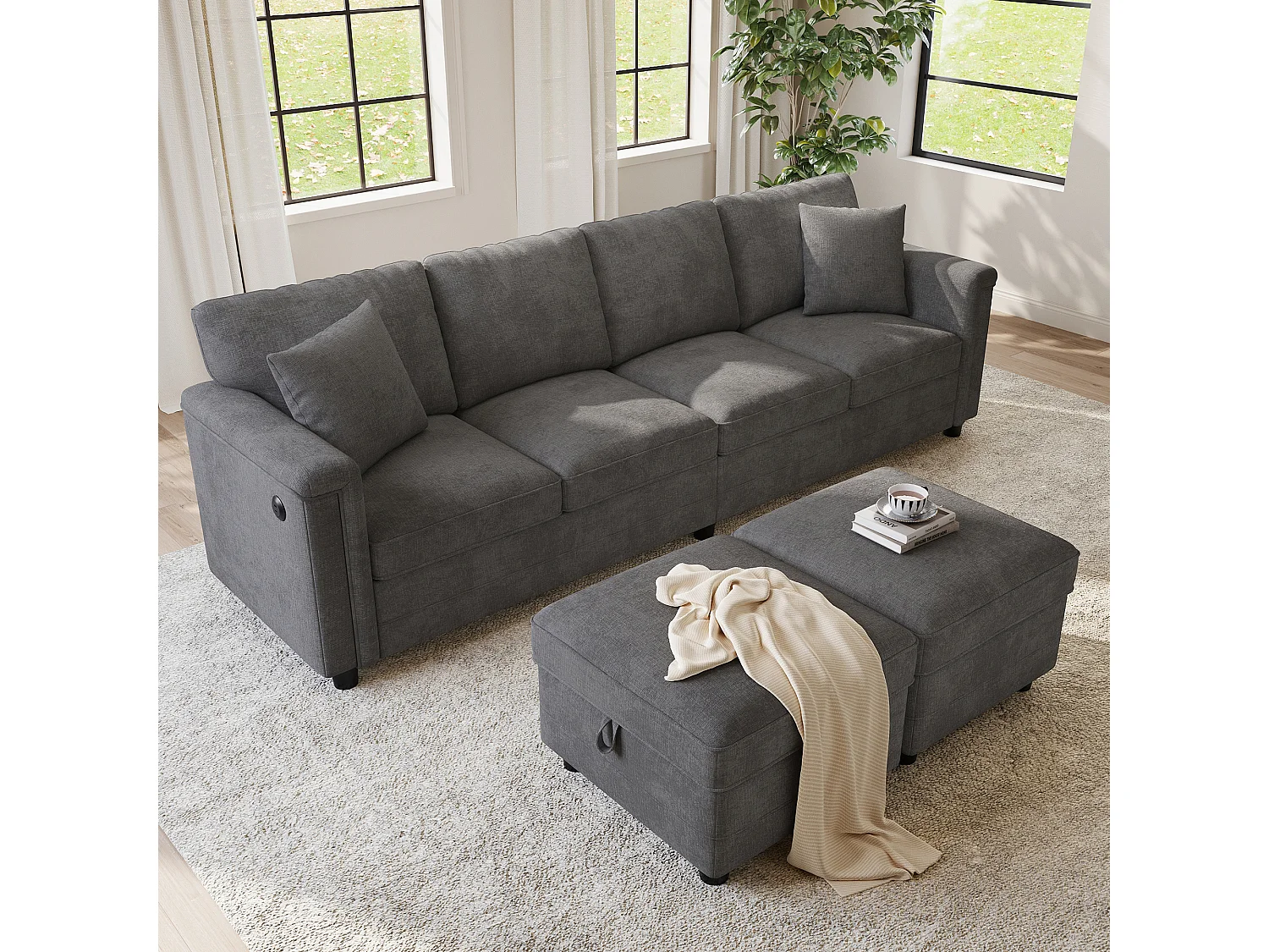 Canapé d'angle 4 places en forme de U/L 261 × 134 × 82 cm - avec 2 poufs de rangement et 2 coussins - tissu chenille - gris