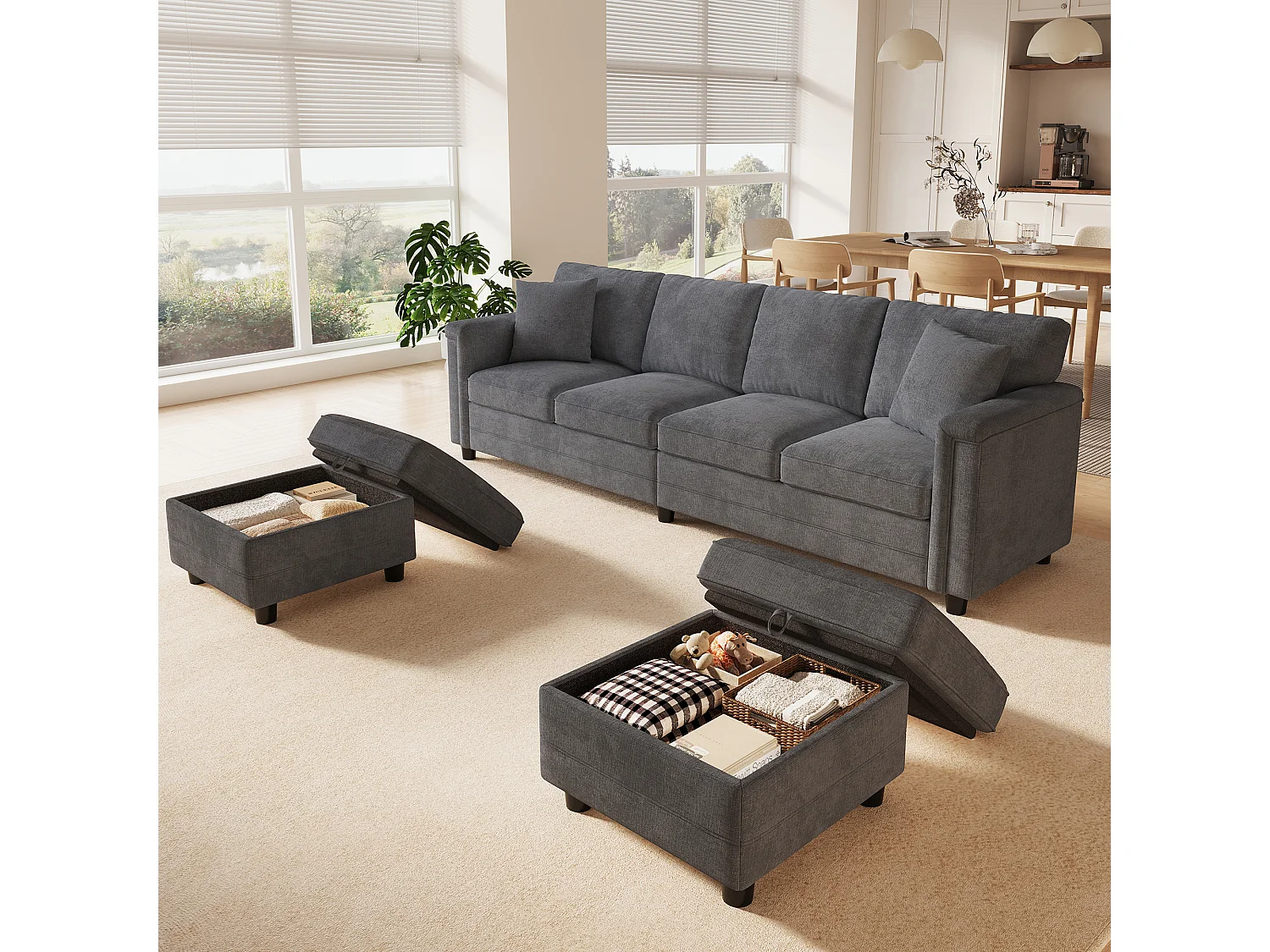 Canapé d'angle 4 places en forme de U/L 261 × 134 × 82 cm - avec 2 poufs de rangement et 2 coussins - tissu chenille - gris