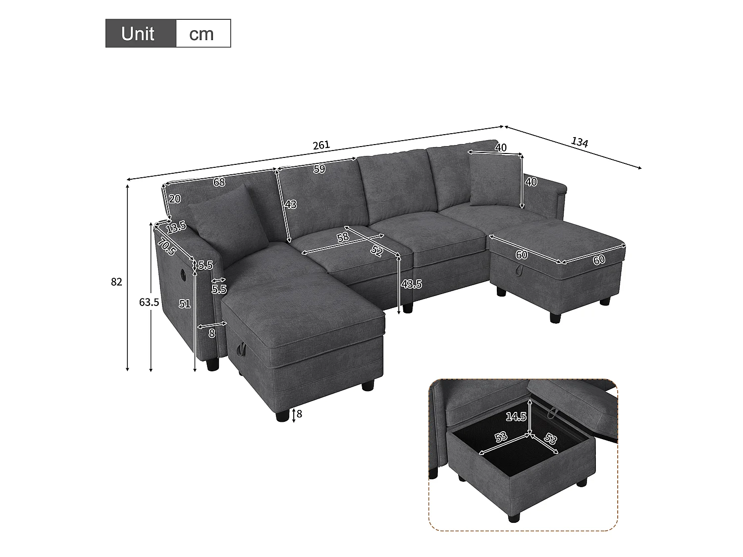 Canapé d'angle 4 places en forme de U/L 261 × 134 × 82 cm - avec 2 poufs de rangement et 2 coussins - tissu chenille - gris