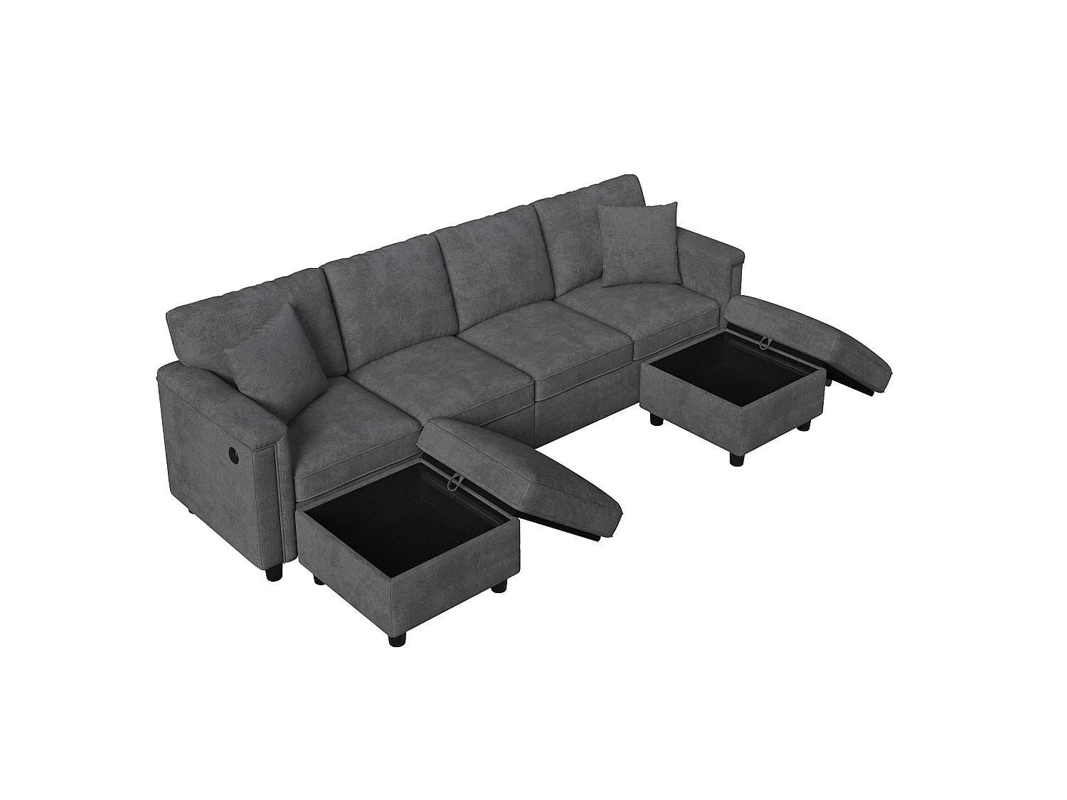 Canapé d'angle 4 places en forme de U/L 261 × 134 × 82 cm - avec 2 poufs de rangement et 2 coussins - tissu chenille - gris
