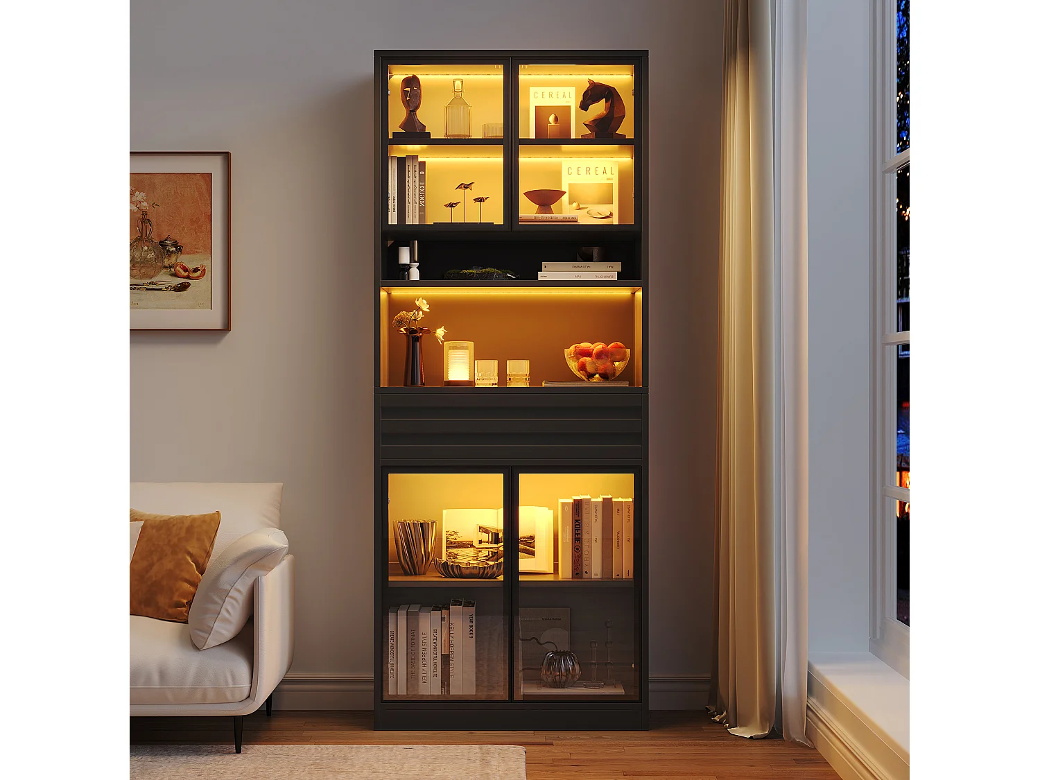 Glass display case 80 x 35 x 200 cm - 4 glass doors and 1 drawer - LED lighting controllable via app - MDF - Black