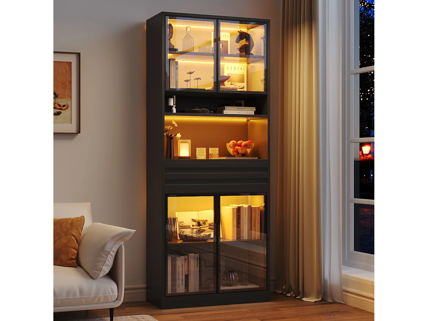 Glass display case 80 x 35 x 200 cm - 4 glass doors and 1 drawer - LED lighting controllable via app - MDF - Black
