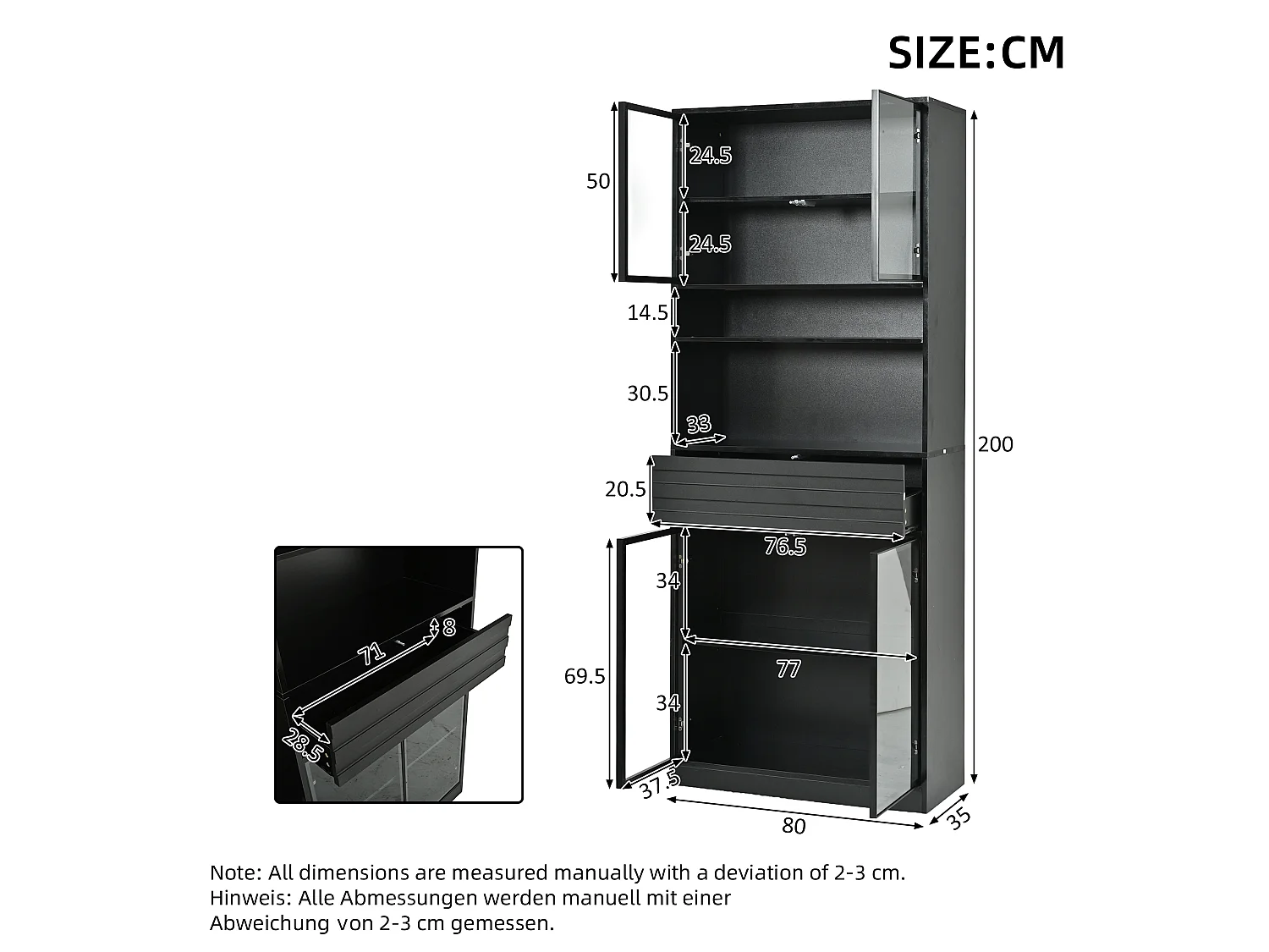 Glass display case 80 x 35 x 200 cm - 4 glass doors and 1 drawer - LED lighting controllable via app - MDF - Black