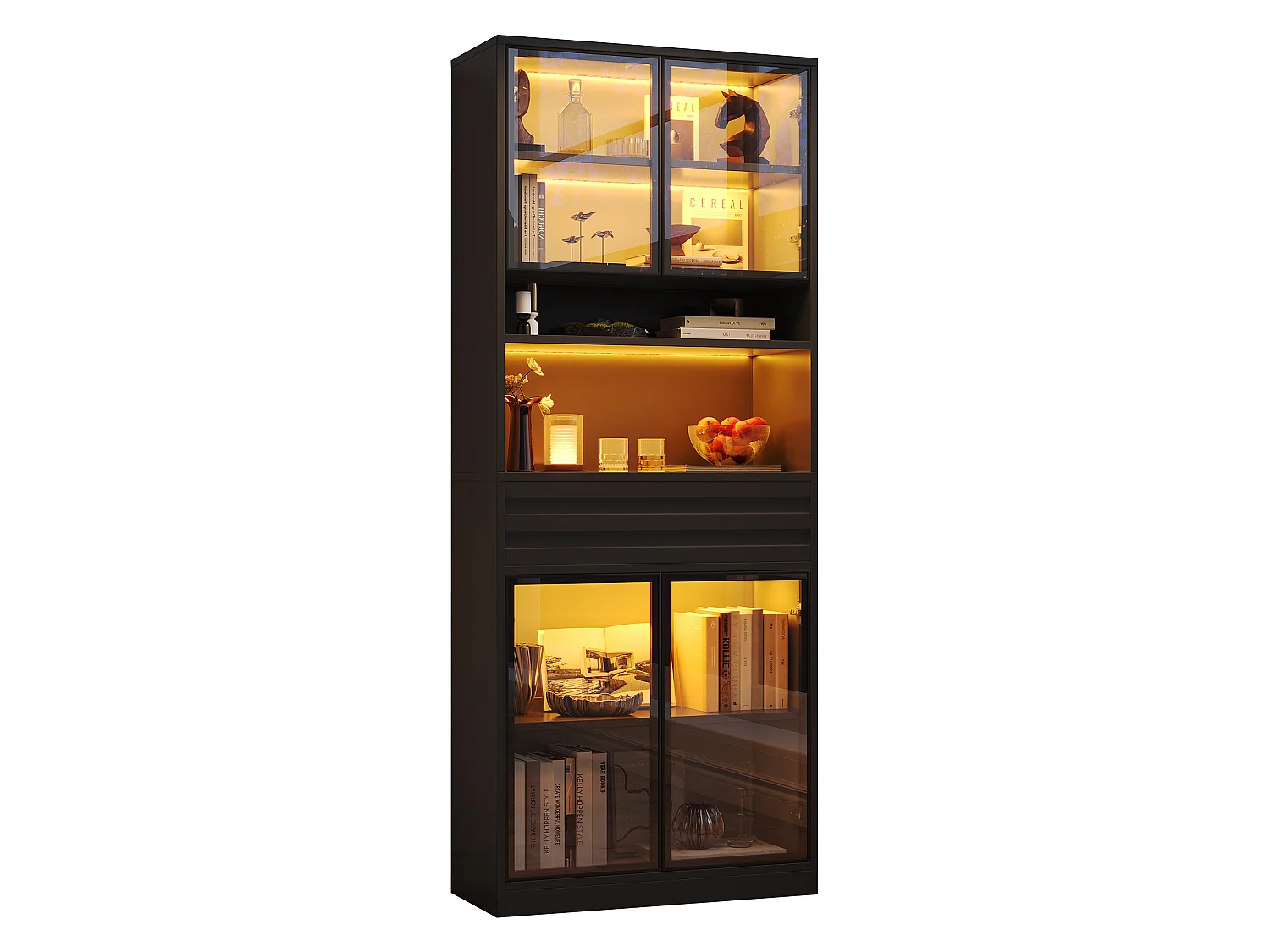 Glass display case 80 x 35 x 200 cm - 4 glass doors and 1 drawer - LED lighting controllable via app - MDF - Black