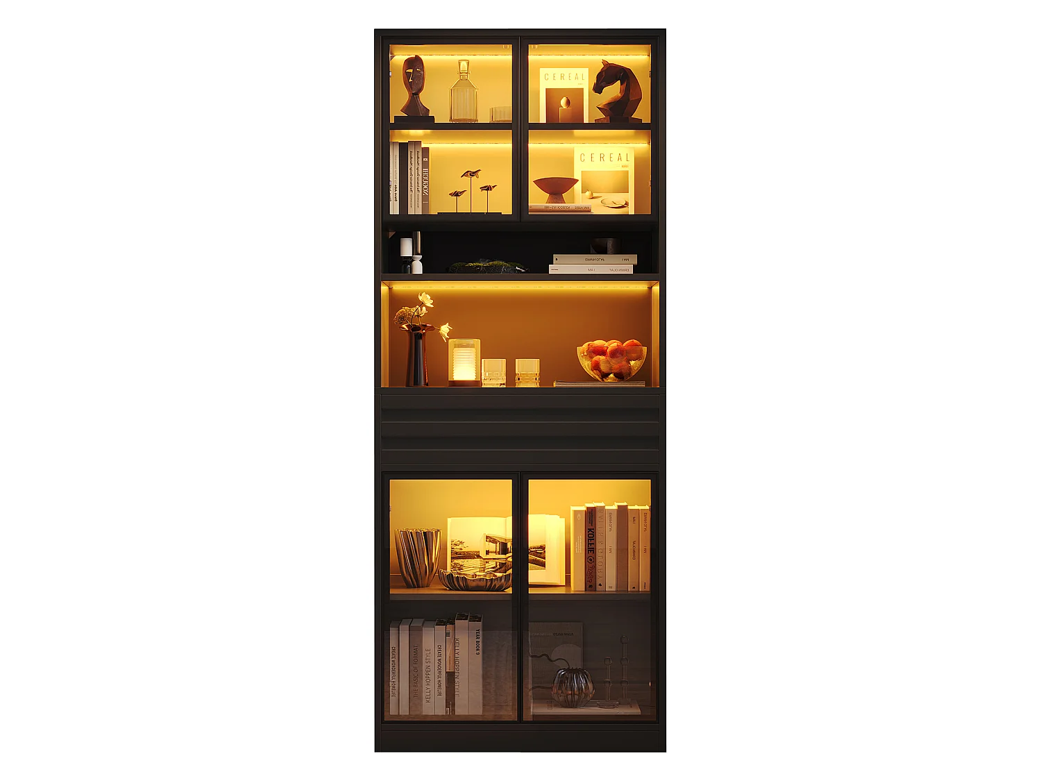 Glass display case 80 x 35 x 200 cm - 4 glass doors and 1 drawer - LED lighting controllable via app - MDF - Black
