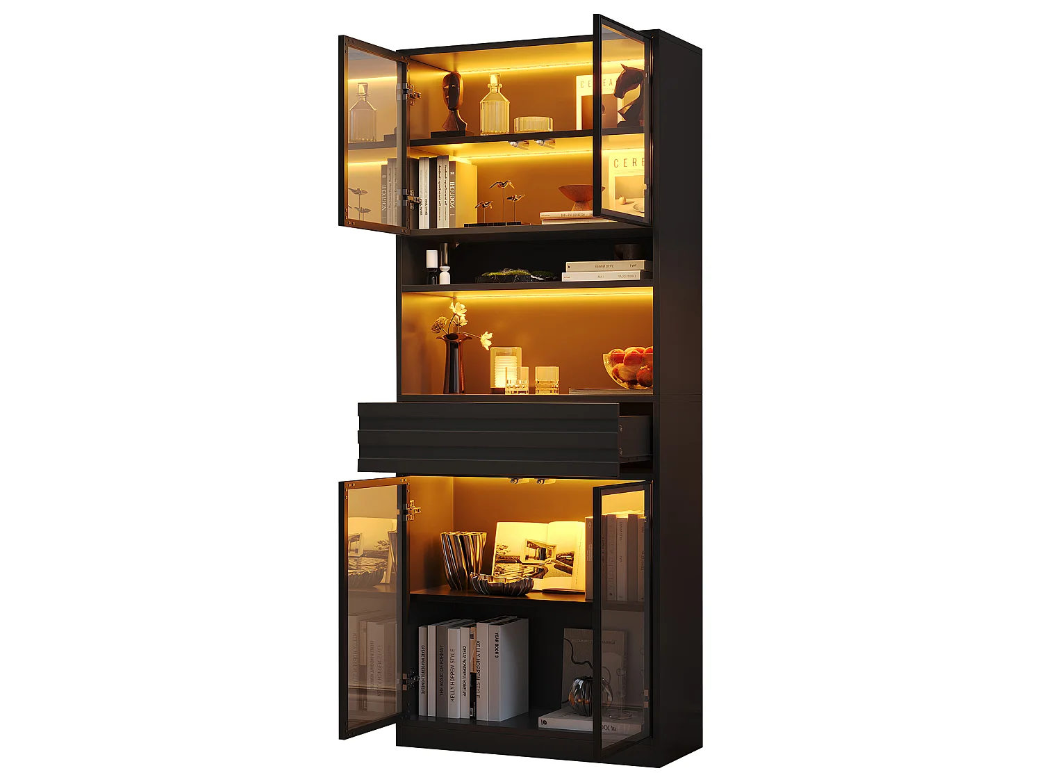 Glass display case 80 x 35 x 200 cm - 4 glass doors and 1 drawer - LED lighting controllable via app - MDF - Black