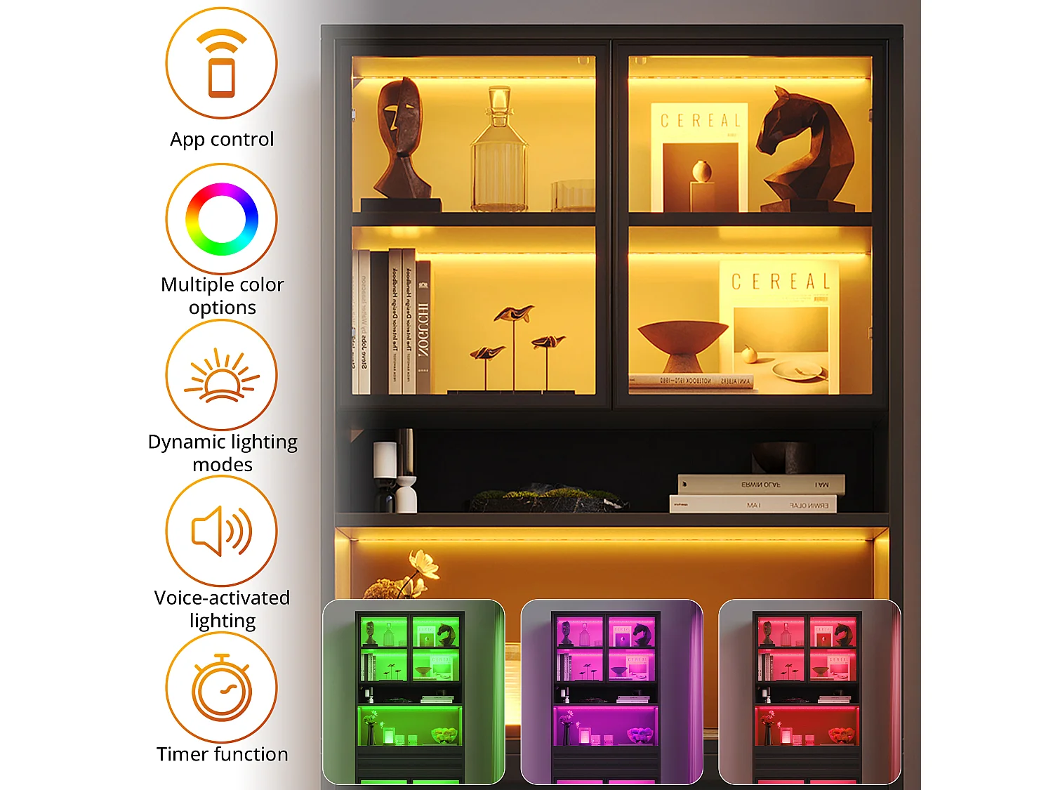 Glass display case 80 x 35 x 200 cm - 4 glass doors and 1 drawer - LED lighting controllable via app - MDF - Black