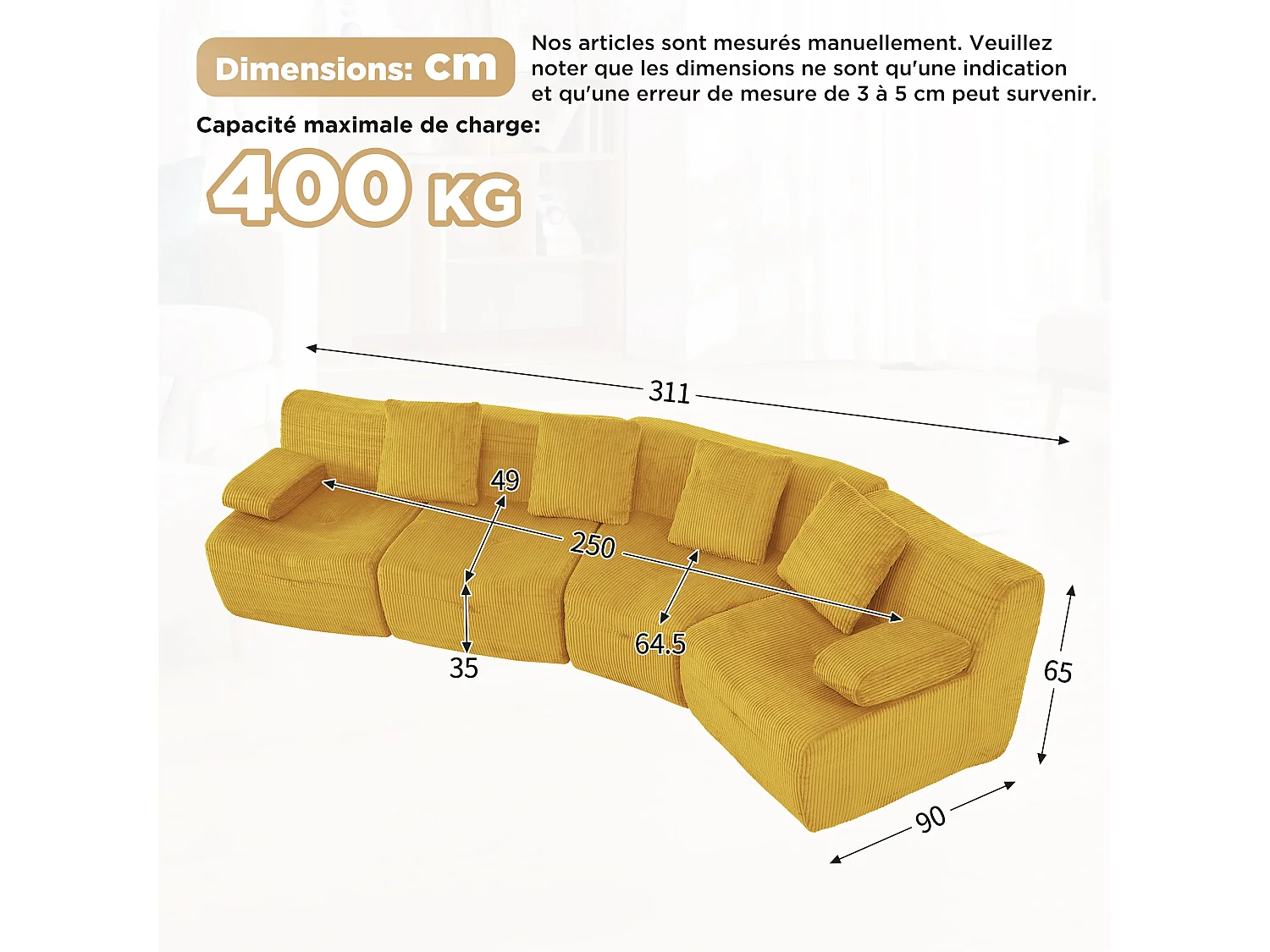 Canapé modulable 4 places - combinaison libre des sièges individuels - aucun montage requis - bonne résilience - velours côtelé - Jaune