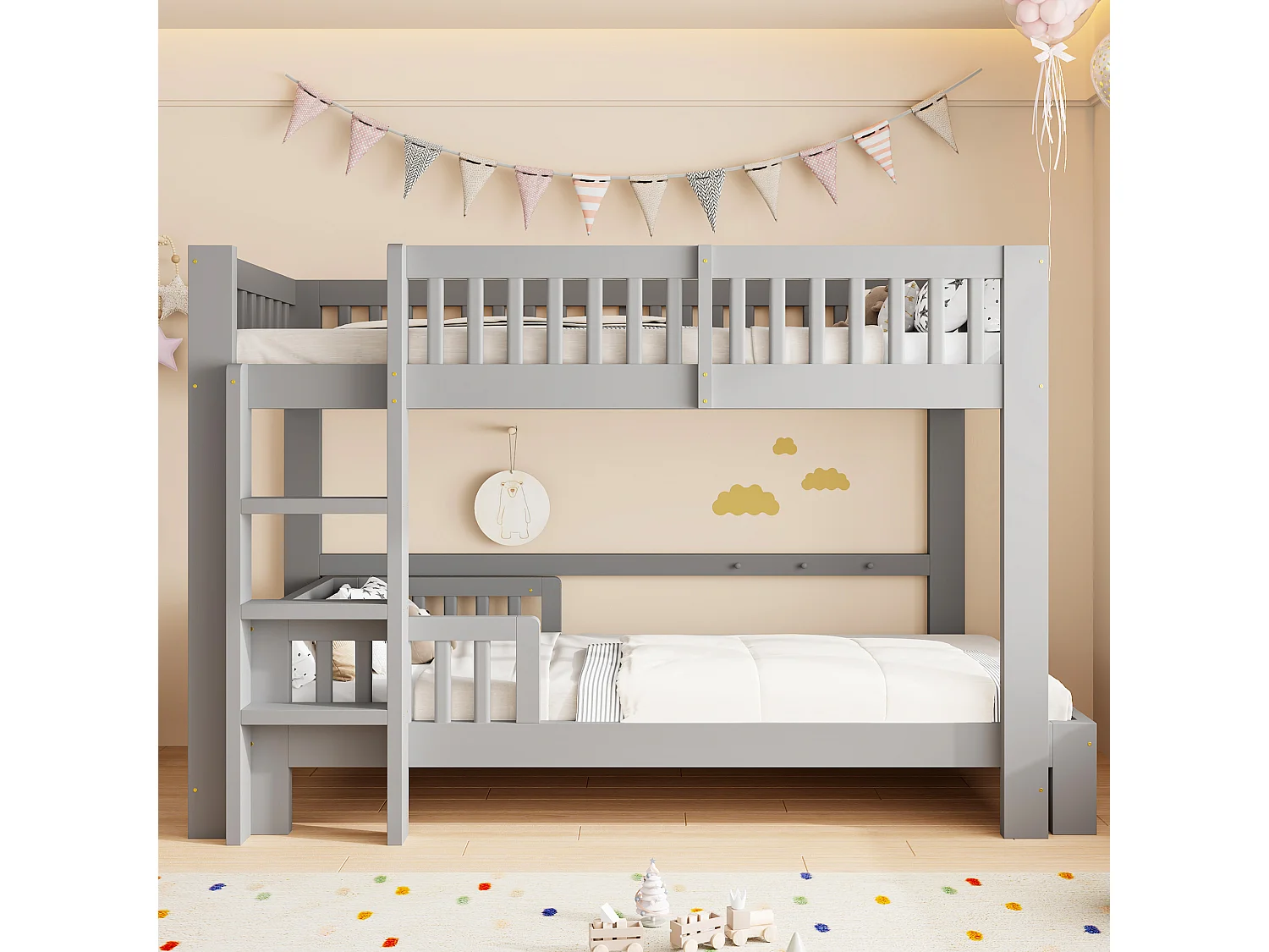 Cama litera infantil 90x200 cm - con barreras de seguridad - con escalera de seguridad - gris (colchón no incluido)