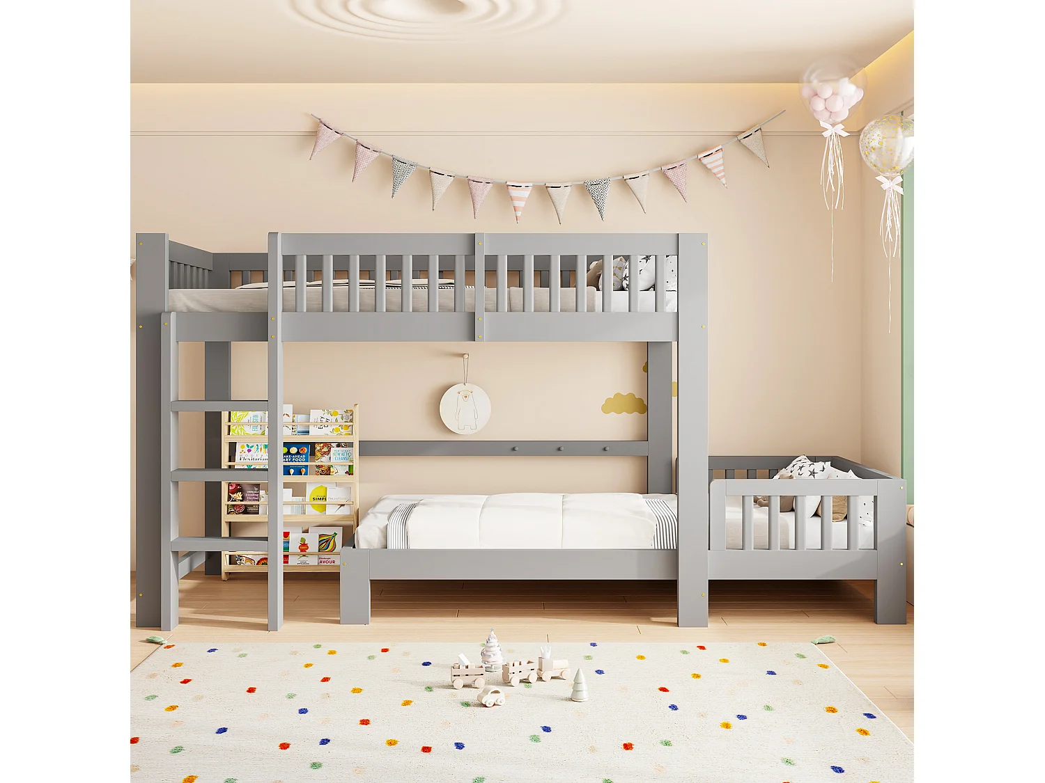 Cama litera infantil 90x200 cm - con barreras de seguridad - con escalera de seguridad - gris (colchón no incluido)