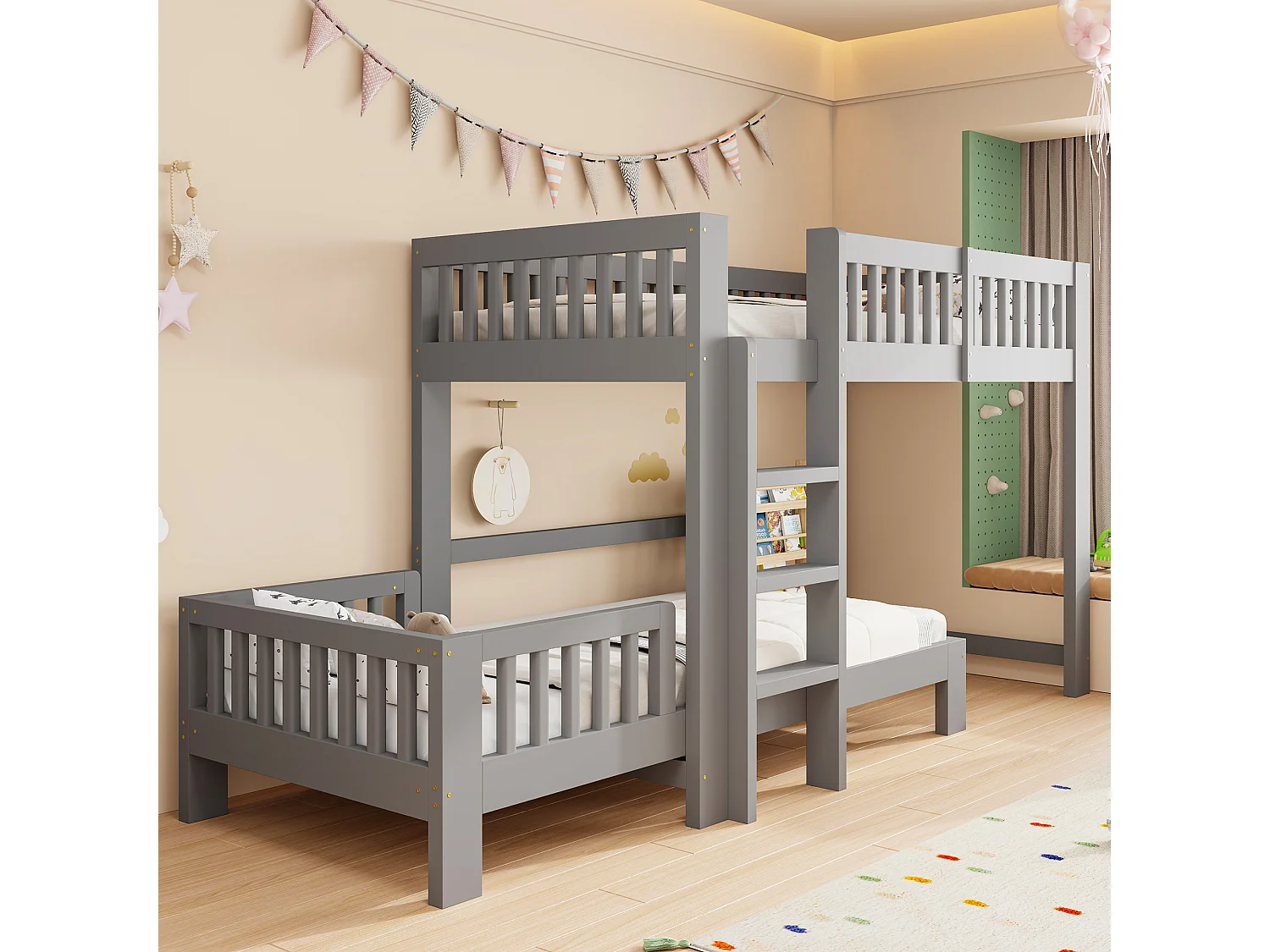 Cama litera infantil 90x200 cm - con barreras de seguridad - con escalera de seguridad - gris (colchón no incluido)