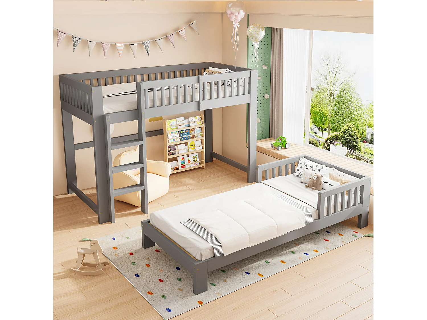 Cama litera infantil 90x200 cm - con barreras de seguridad - con escalera de seguridad - gris (colchón no incluido)