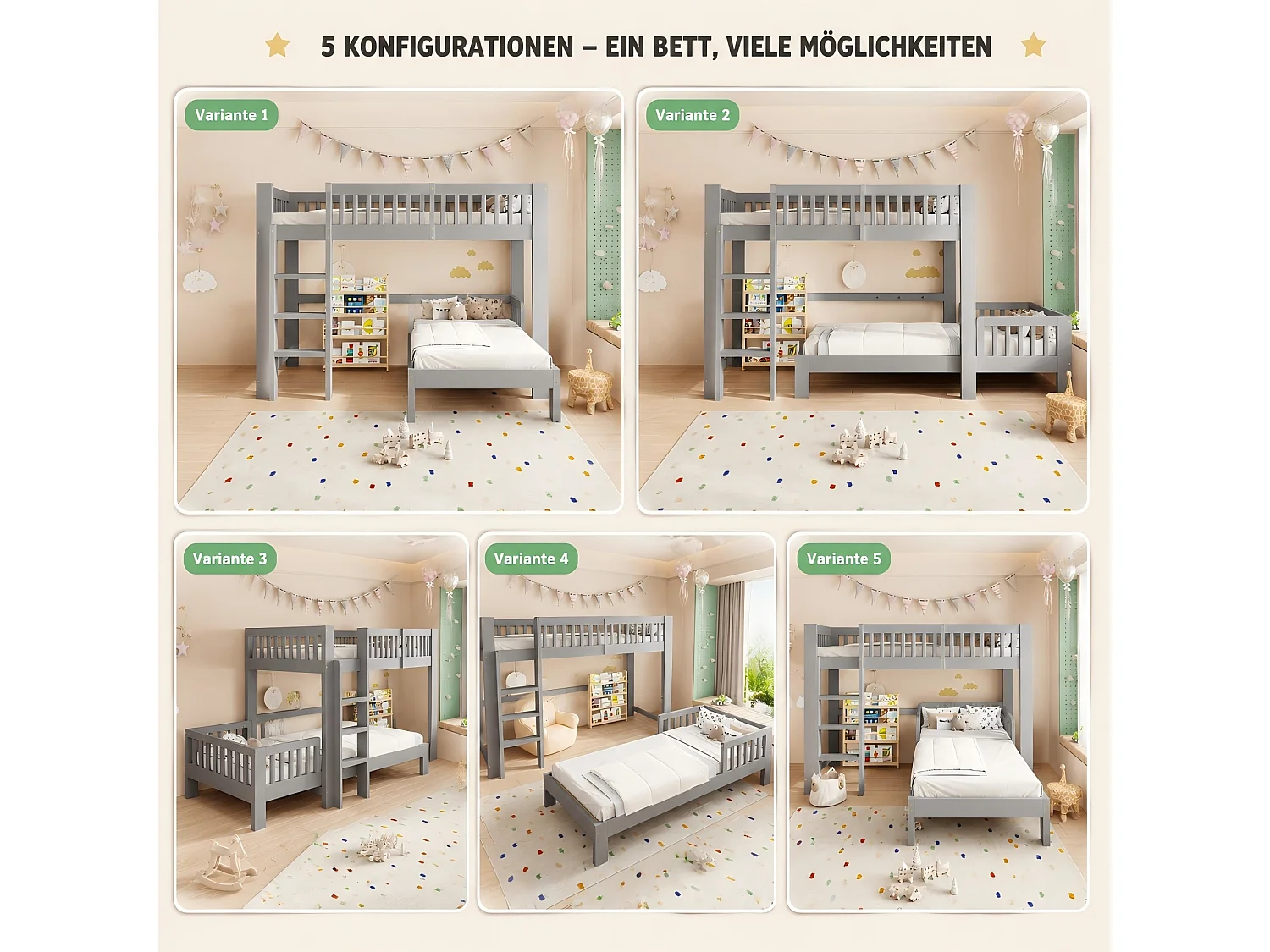Cama litera infantil 90x200 cm - con barreras de seguridad - con escalera de seguridad - gris (colchón no incluido)