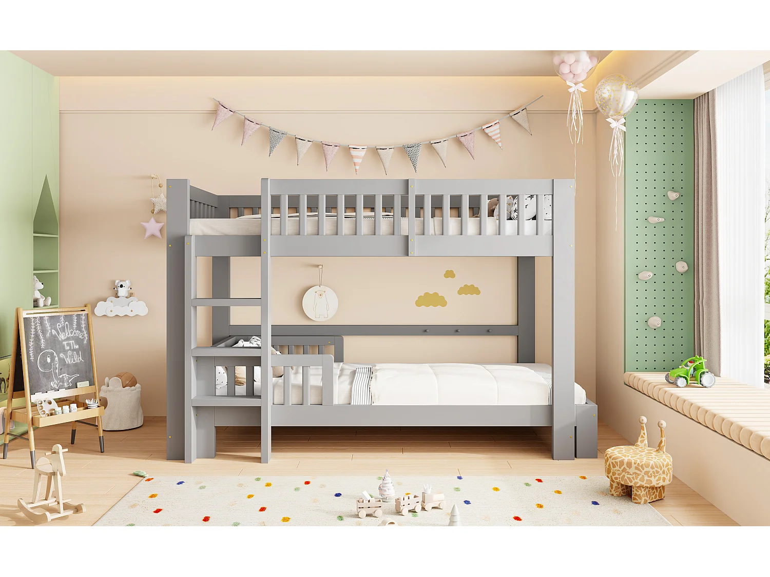 Cama litera infantil 90x200 cm - con barreras de seguridad - con escalera de seguridad - gris (colchón no incluido)