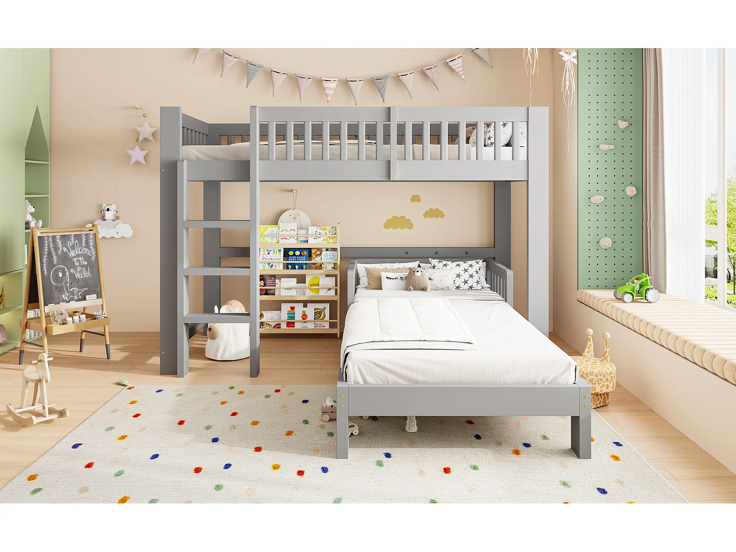 Cama litera infantil 90x200 cm - con barreras de seguridad - con escalera de seguridad - gris (colchón no incluido)