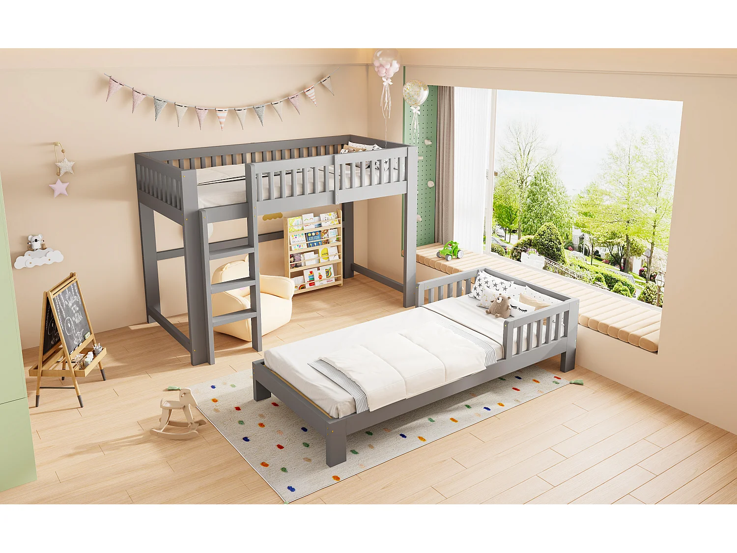 Cama litera infantil 90x200 cm - con barreras de seguridad - con escalera de seguridad - gris (colchón no incluido)