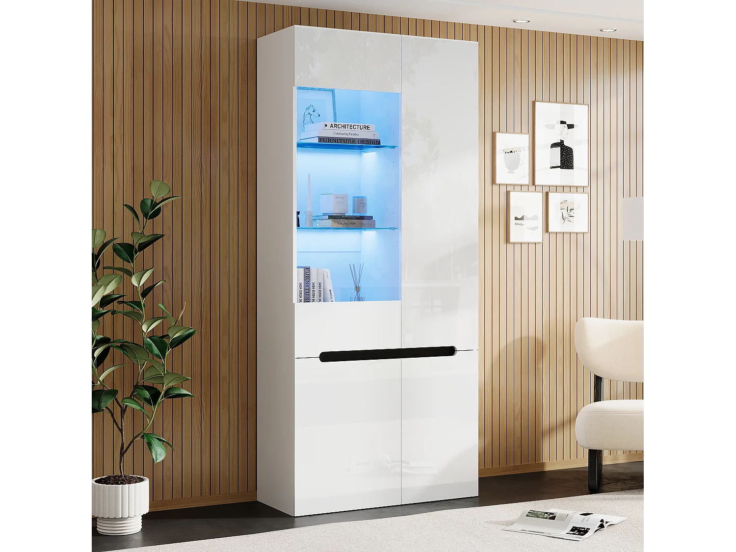 Vetrina con illuminazione LED - 4 ante battenti - Ripiani in vetro - Pannello lucido - 80x35x180 cm - MDF - Bianco