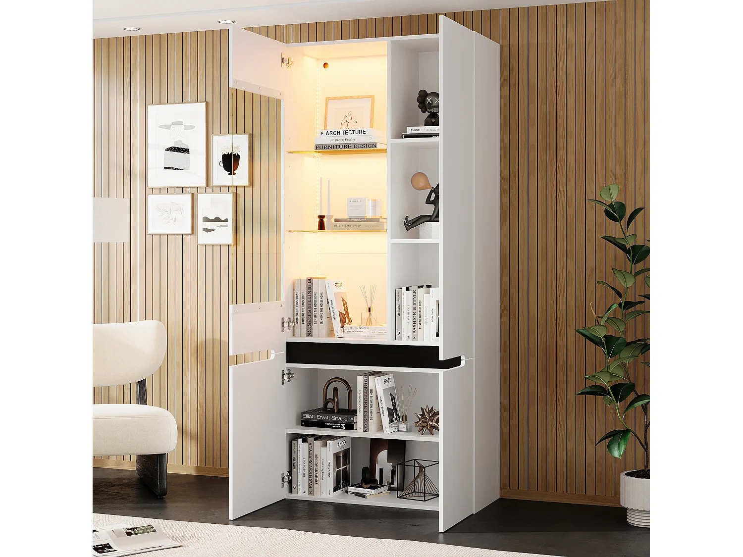 Vetrina con illuminazione LED - 4 ante battenti - Ripiani in vetro - Pannello lucido - 80x35x180 cm - MDF - Bianco
