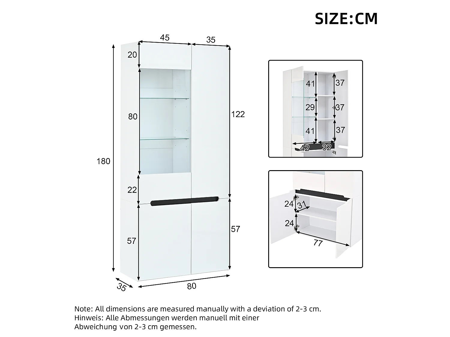 Vetrina con illuminazione LED - 4 ante battenti - Ripiani in vetro - Pannello lucido - 80x35x180 cm - MDF - Bianco