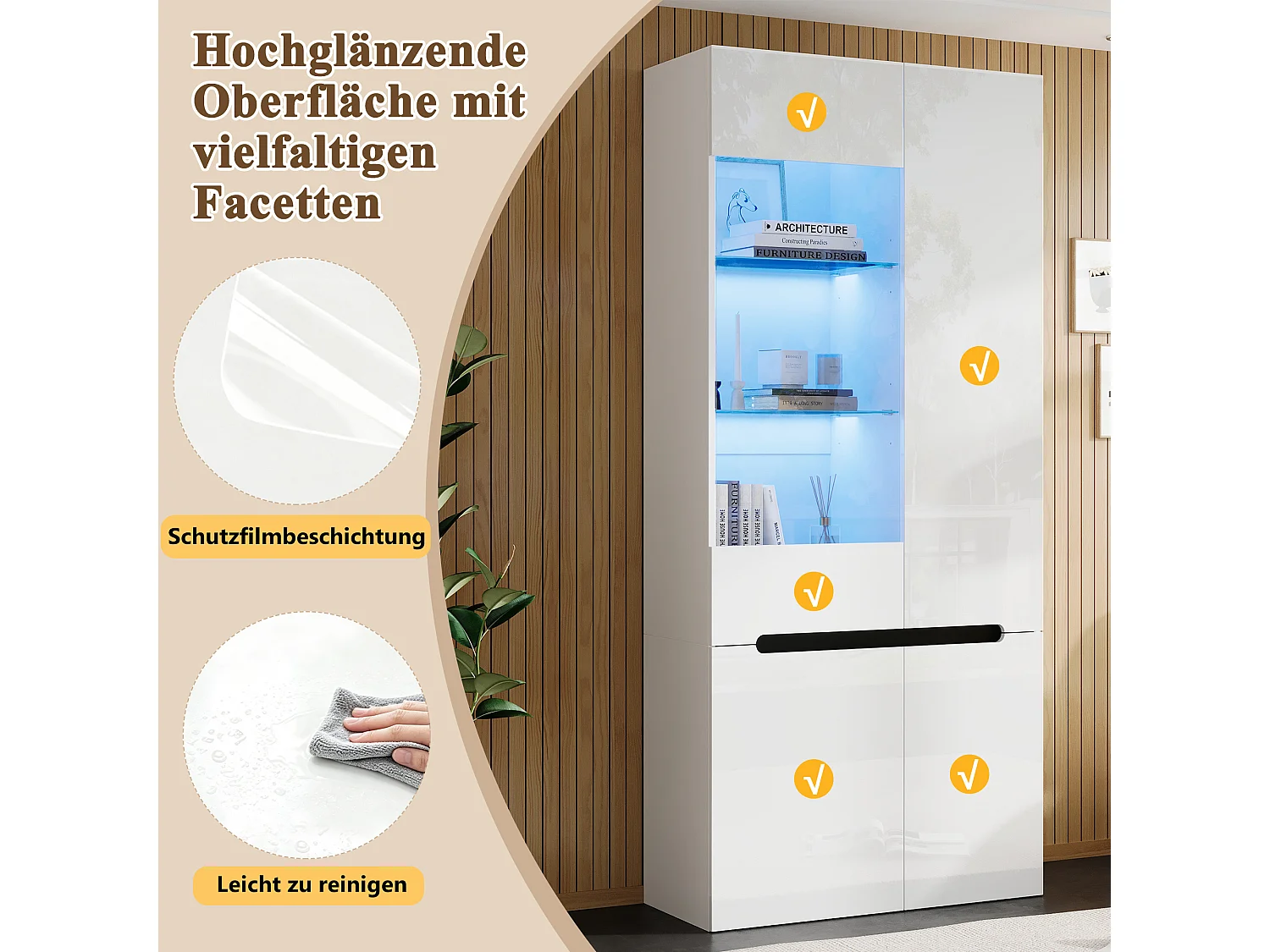 Vetrina con illuminazione LED - 4 ante battenti - Ripiani in vetro - Pannello lucido - 80x35x180 cm - MDF - Bianco