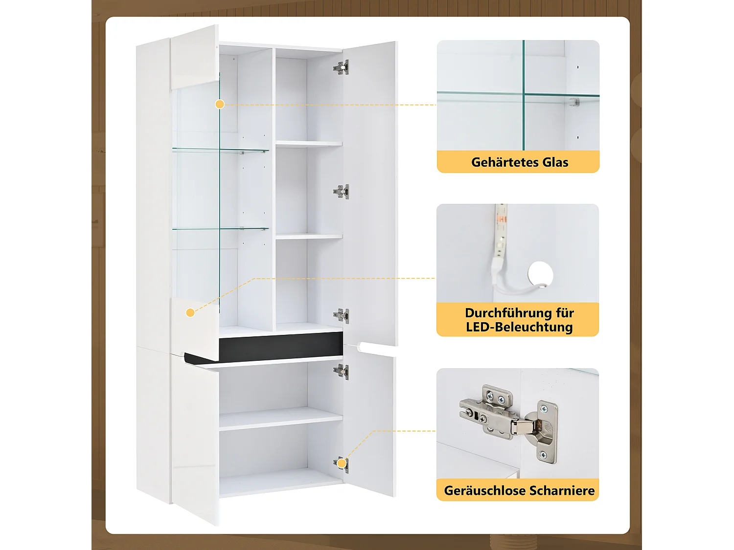 Vetrina con illuminazione LED - 4 ante battenti - Ripiani in vetro - Pannello lucido - 80x35x180 cm - MDF - Bianco