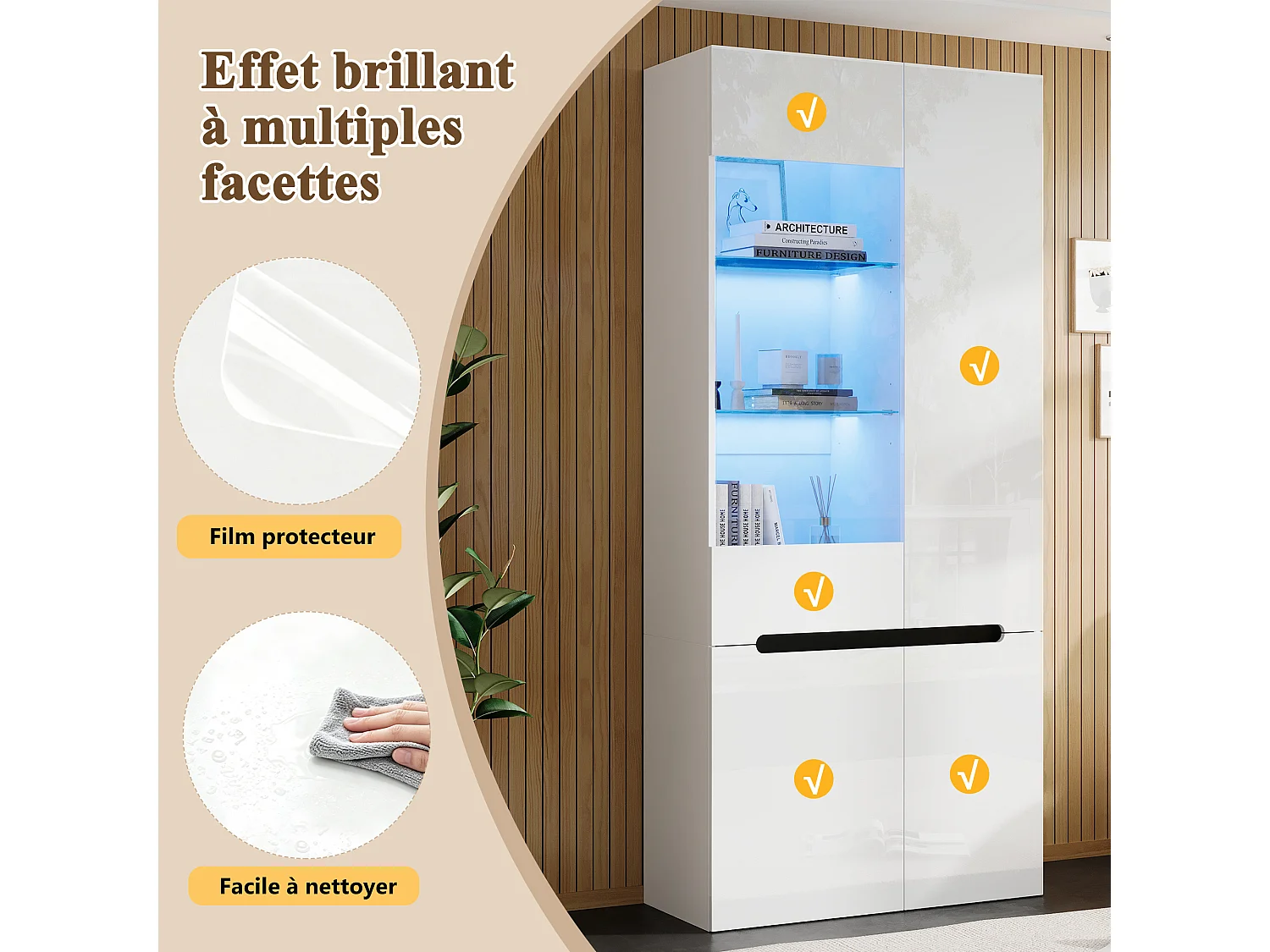 Vetrina con illuminazione LED - 4 ante battenti - Ripiani in vetro - Pannello lucido - 80x35x180 cm - MDF - Bianco