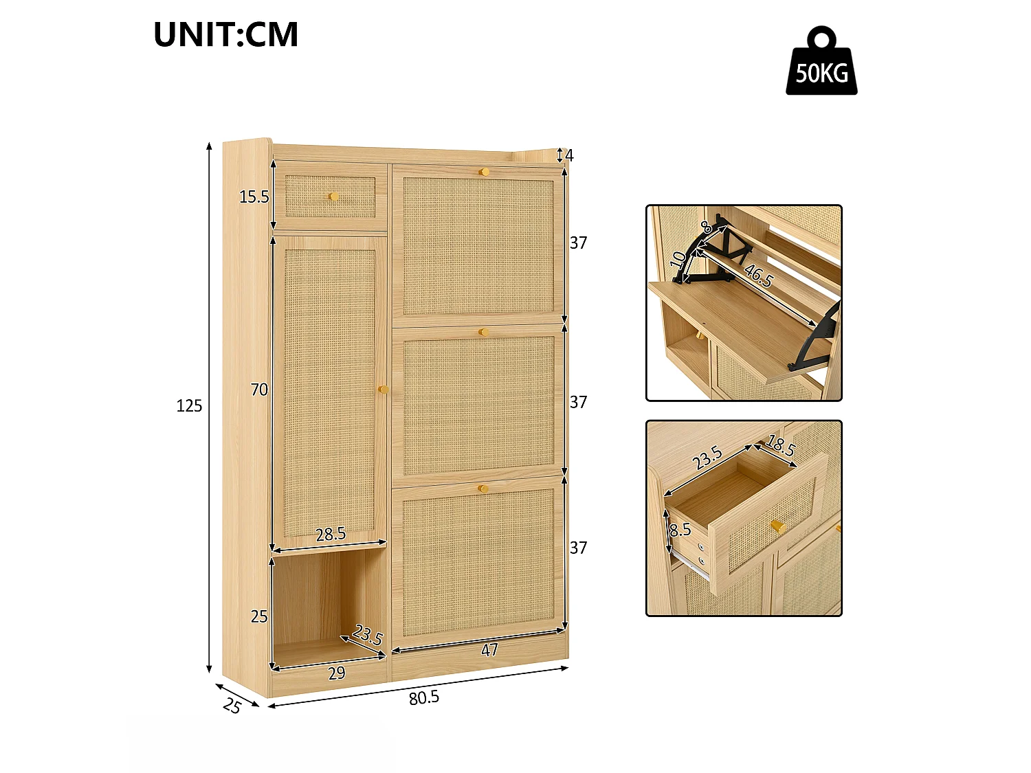 Meuble à chaussures en rotin avec 3 portes rabattables, 1 tiroir et 1 placard latéral - Panneaux de particules - 80,5x25x125 cm - Naturel