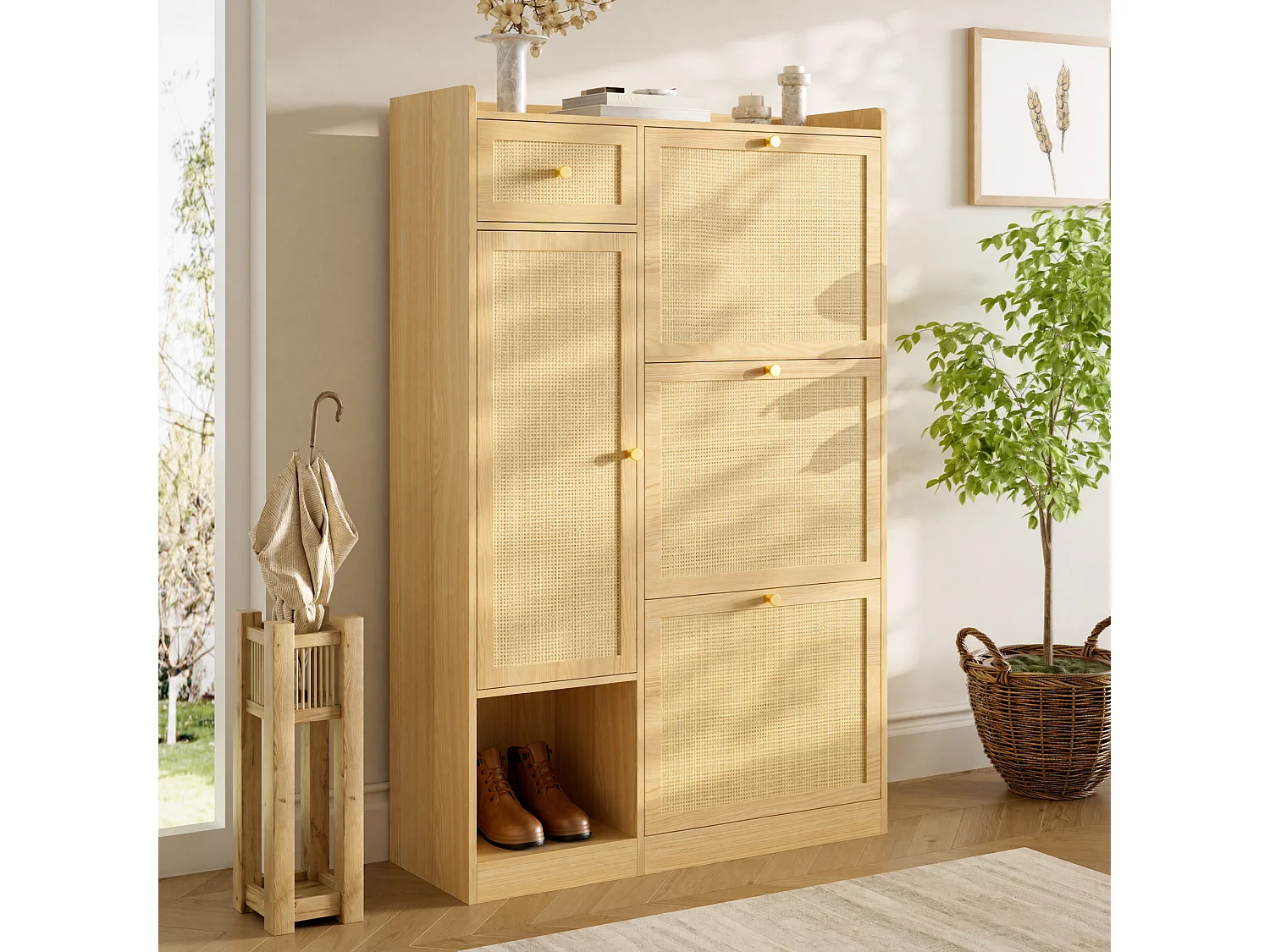 Meuble à chaussures en rotin avec 3 portes rabattables, 1 tiroir et 1 placard latéral - Panneaux de particules - 80,5x25x125 cm - Naturel