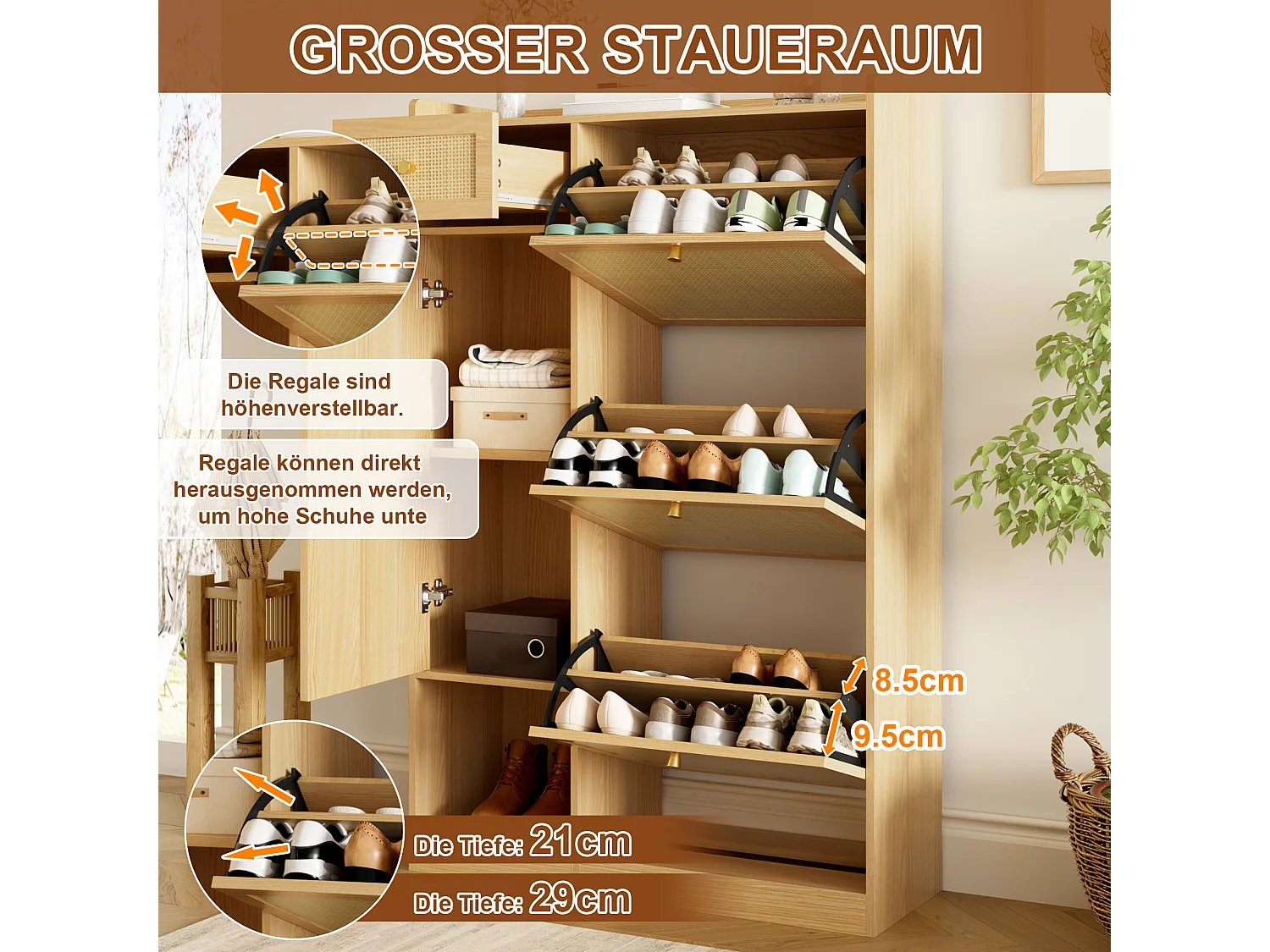 Meuble à chaussures en rotin avec 3 portes rabattables, 1 tiroir et 1 placard latéral - Panneaux de particules - 80,5x25x125 cm - Naturel