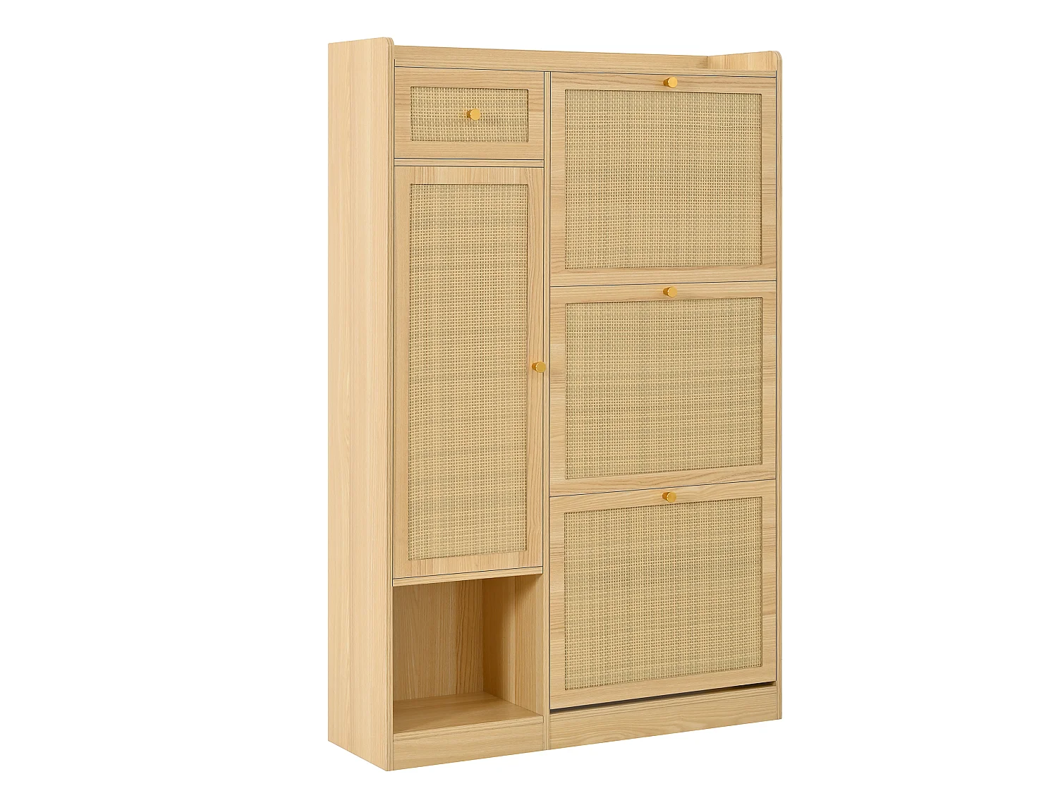 Meuble à chaussures en rotin avec 3 portes rabattables, 1 tiroir et 1 placard latéral - Panneaux de particules - 80,5x25x125 cm - Naturel