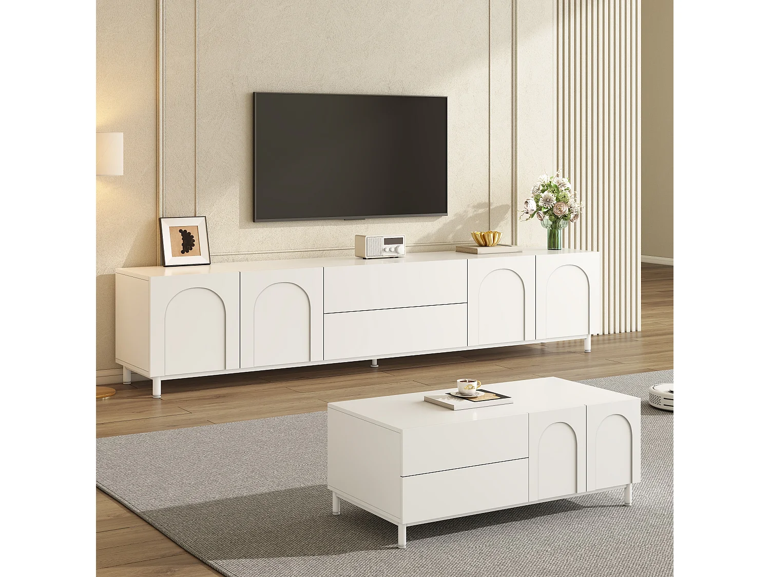 TV-Möbel und Couchtisch-Set mit 6 Bogentüren und 4 Schubladen – Spanplatte und MDF – 180 x 40 cm + 100 x 50 cm – Weiß
