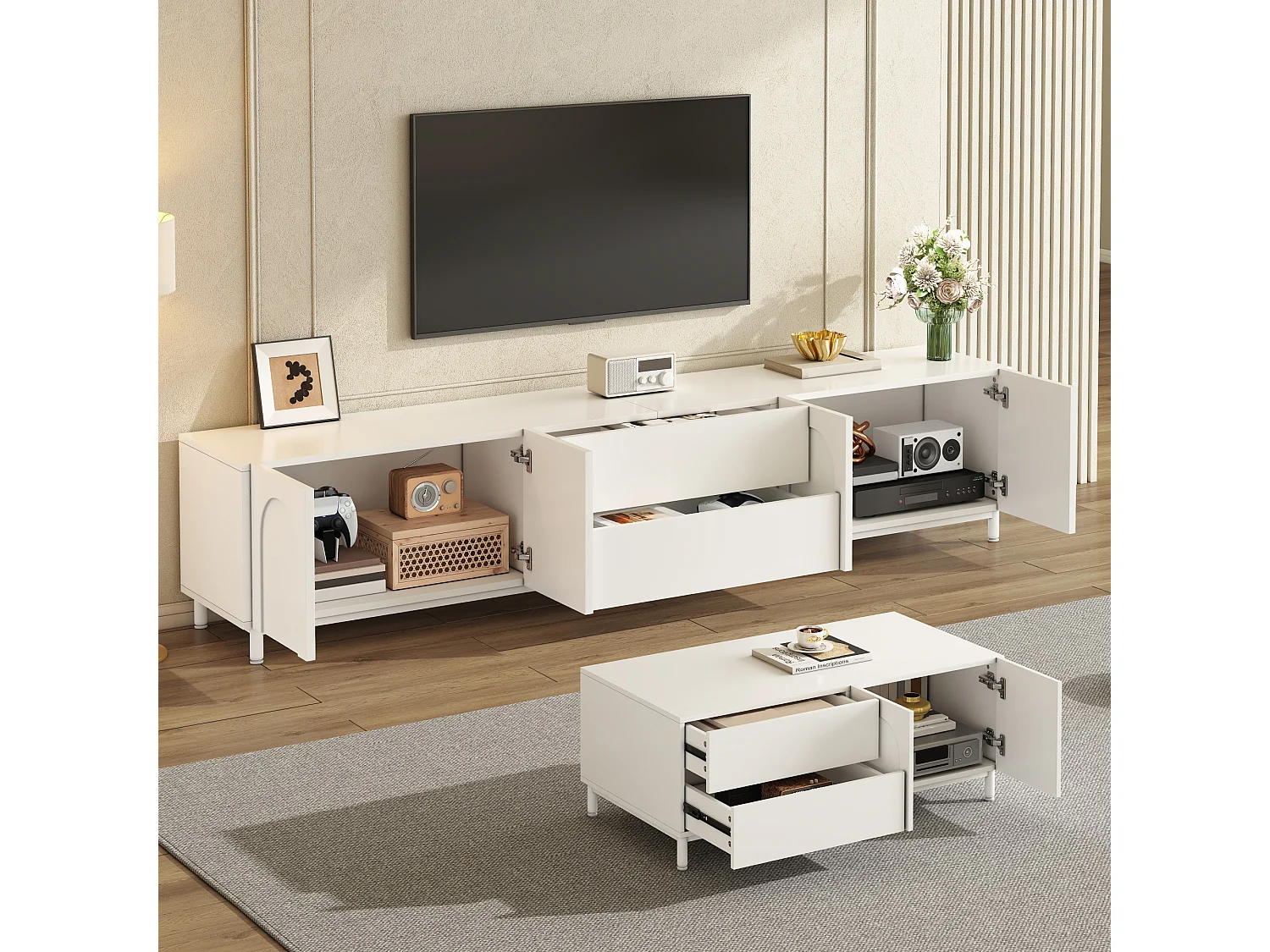 TV-Möbel und Couchtisch-Set mit 6 Bogentüren und 4 Schubladen – Spanplatte und MDF – 180 x 40 cm + 100 x 50 cm – Weiß