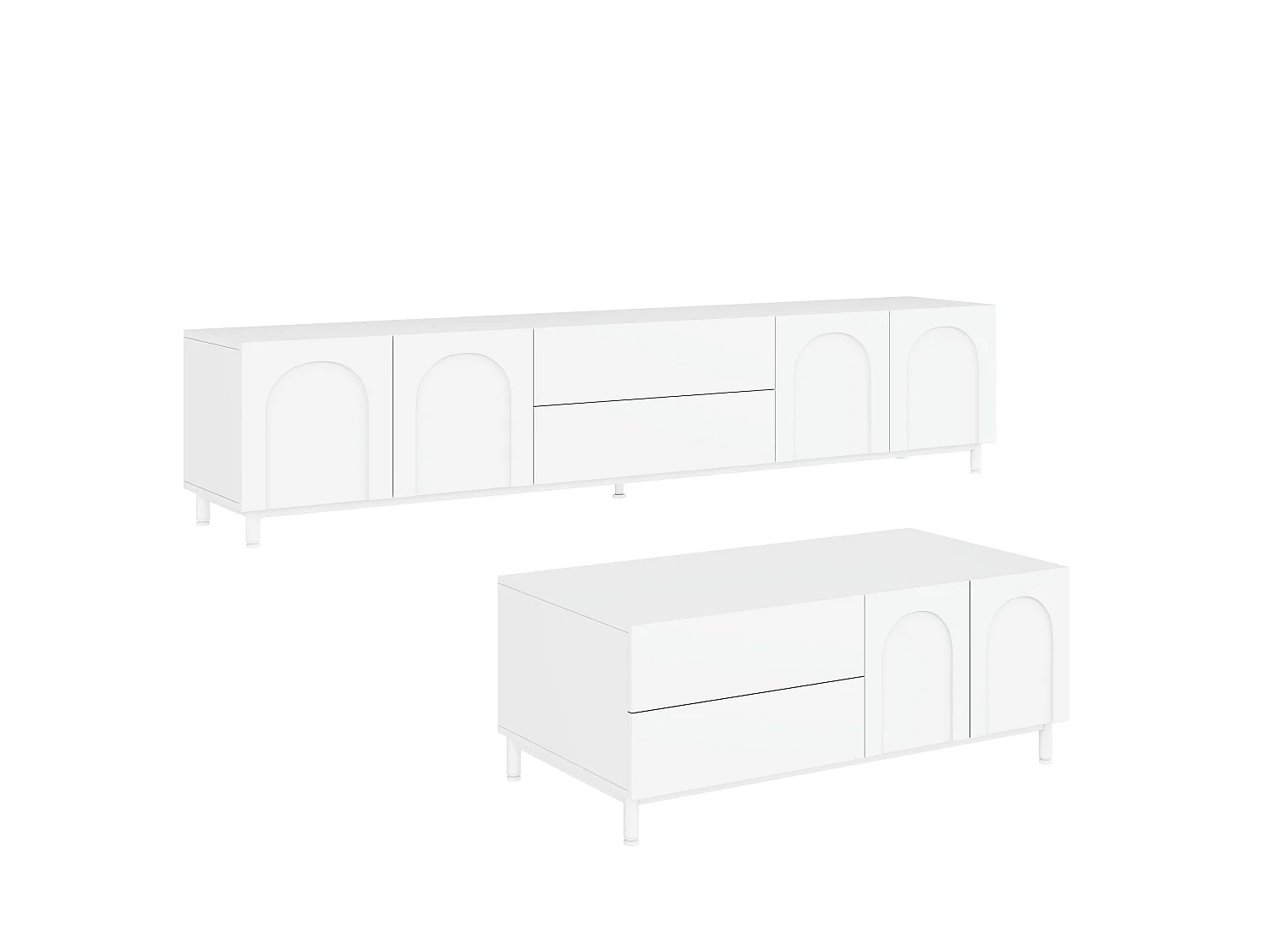 TV-Möbel und Couchtisch-Set mit 6 Bogentüren und 4 Schubladen – Spanplatte und MDF – 180 x 40 cm + 100 x 50 cm – Weiß