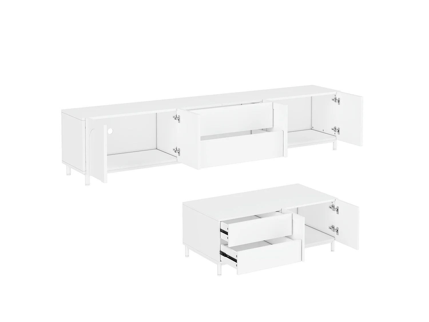 TV-Möbel und Couchtisch-Set mit 6 Bogentüren und 4 Schubladen – Spanplatte und MDF – 180 x 40 cm + 100 x 50 cm – Weiß