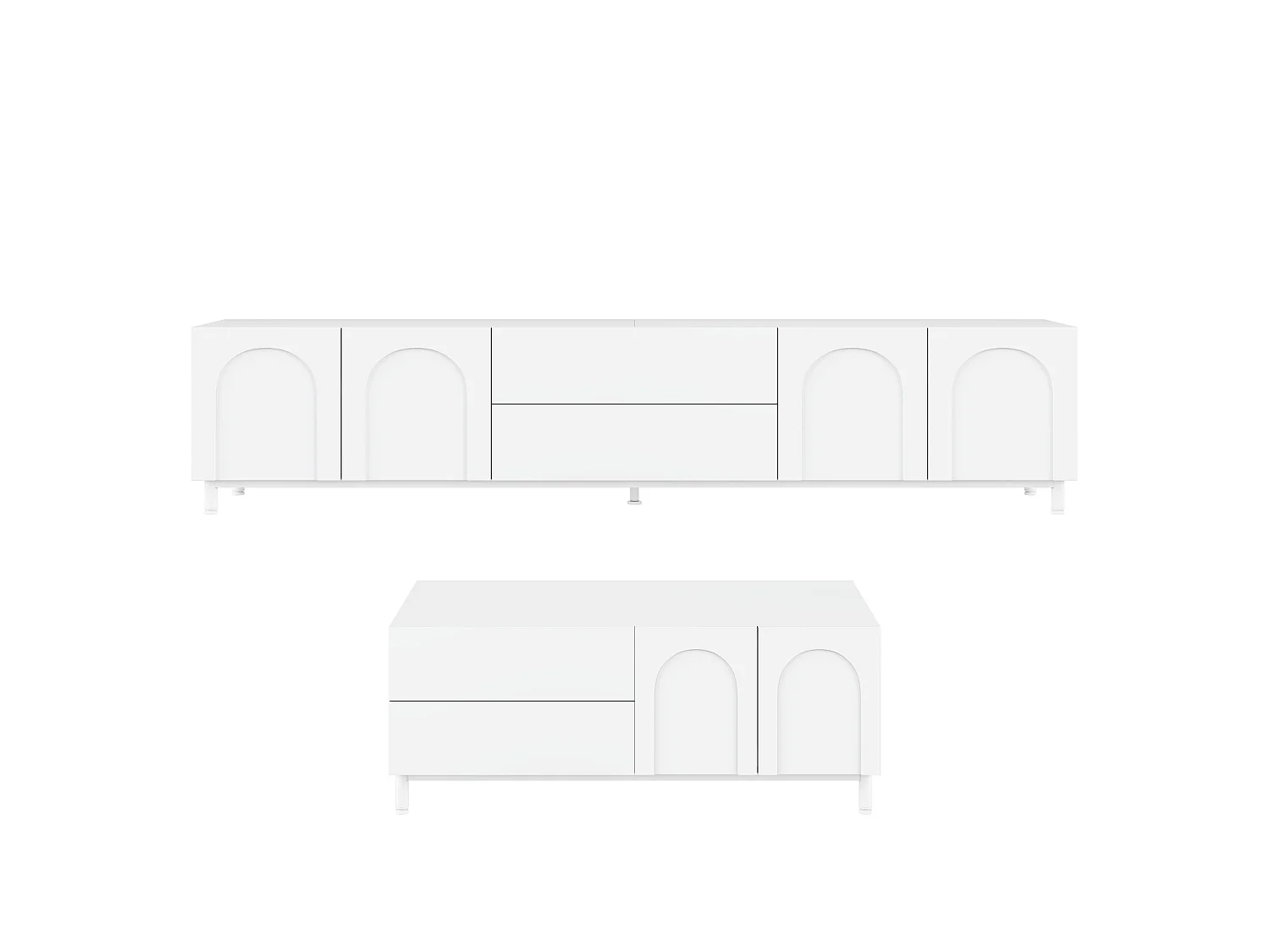 TV-Möbel und Couchtisch-Set mit 6 Bogentüren und 4 Schubladen – Spanplatte und MDF – 180 x 40 cm + 100 x 50 cm – Weiß