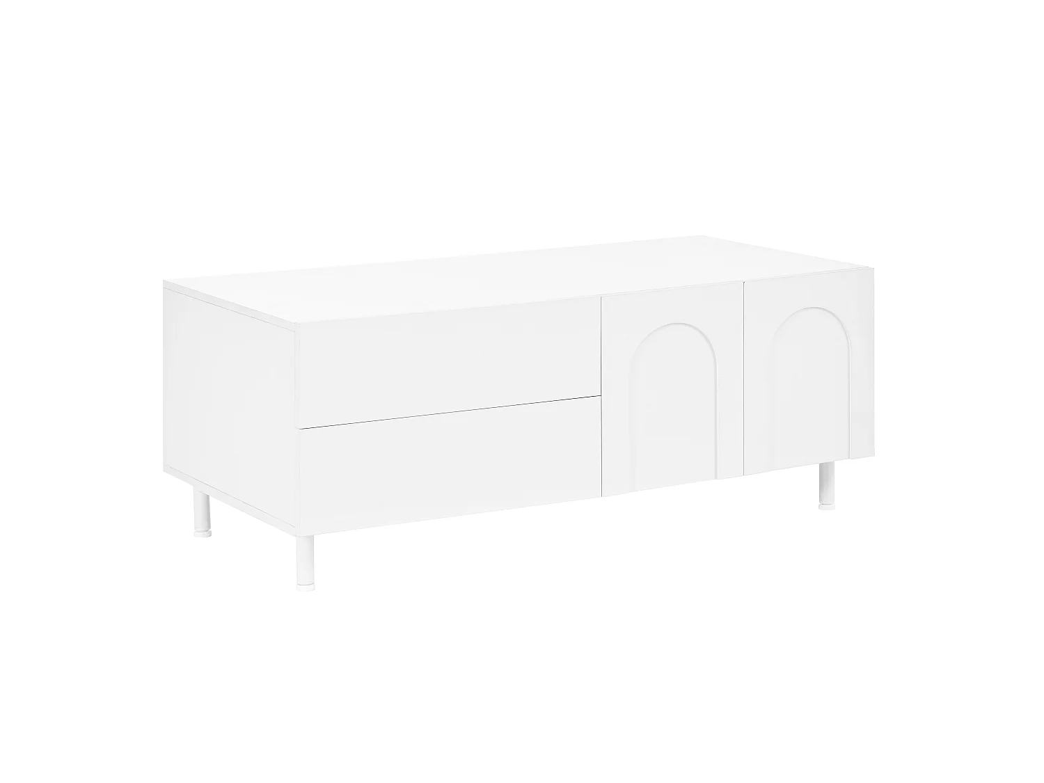 TV-Möbel und Couchtisch-Set mit 6 Bogentüren und 4 Schubladen – Spanplatte und MDF – 180 x 40 cm + 100 x 50 cm – Weiß