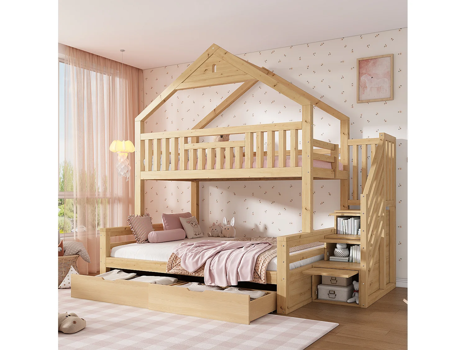 Lettino a castello 90x200cm + 140x200cm - design casa - con scala contenitore e 2 cassetti - Legno massello + MDF - Naturale (senza materasso)