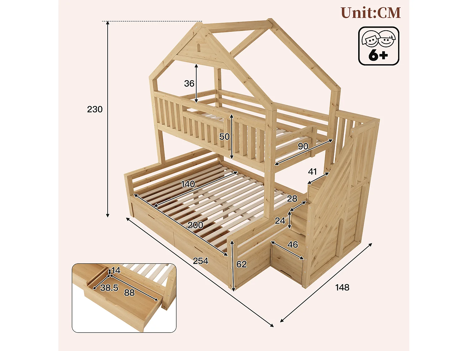 Lettino a castello 90x200cm + 140x200cm - design casa - con scala contenitore e 2 cassetti - Legno massello + MDF - Naturale (senza materasso)