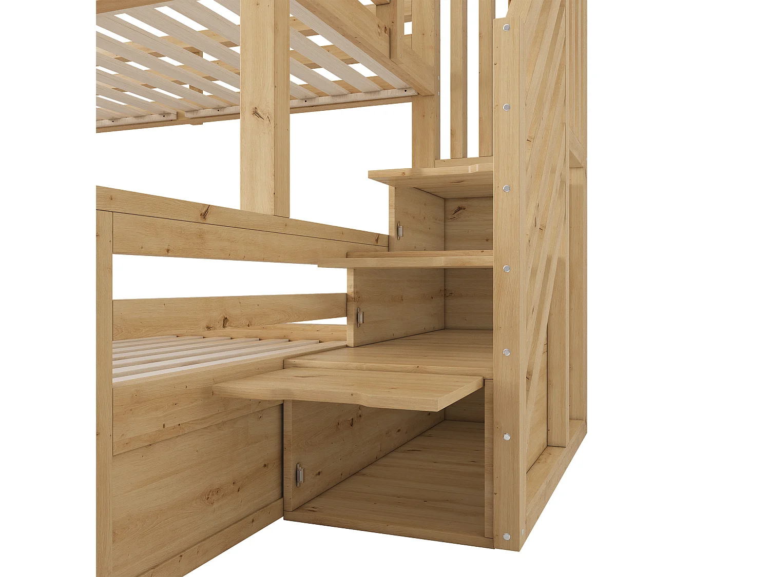Lettino a castello 90x200cm + 140x200cm - design casa - con scala contenitore e 2 cassetti - Legno massello + MDF - Naturale (senza materasso)