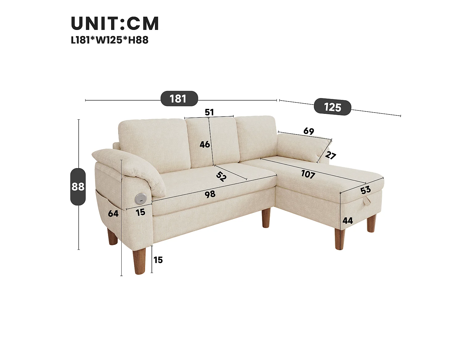 Canapé d'angle en L - Canapé 3 places - Port de chargement USB/Type-C - Poches latérales - Beige