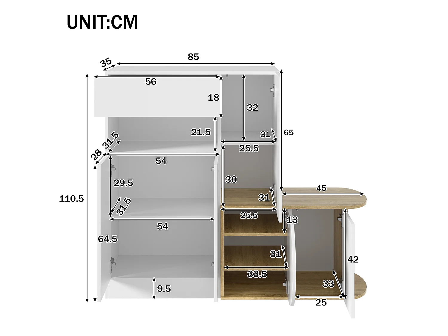 Meuble à chaussures avec banc, 5 portes, 1 tiroir et étagère ouverte – MDF – 130 x 35 x 110,5 cm – Blanc