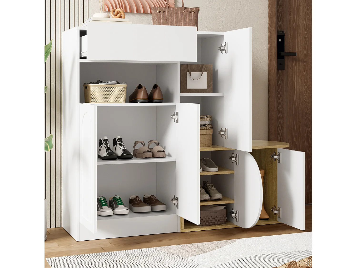 Meuble à chaussures avec banc, 5 portes, 1 tiroir et étagère ouverte – MDF – 130 x 35 x 110,5 cm – Blanc
