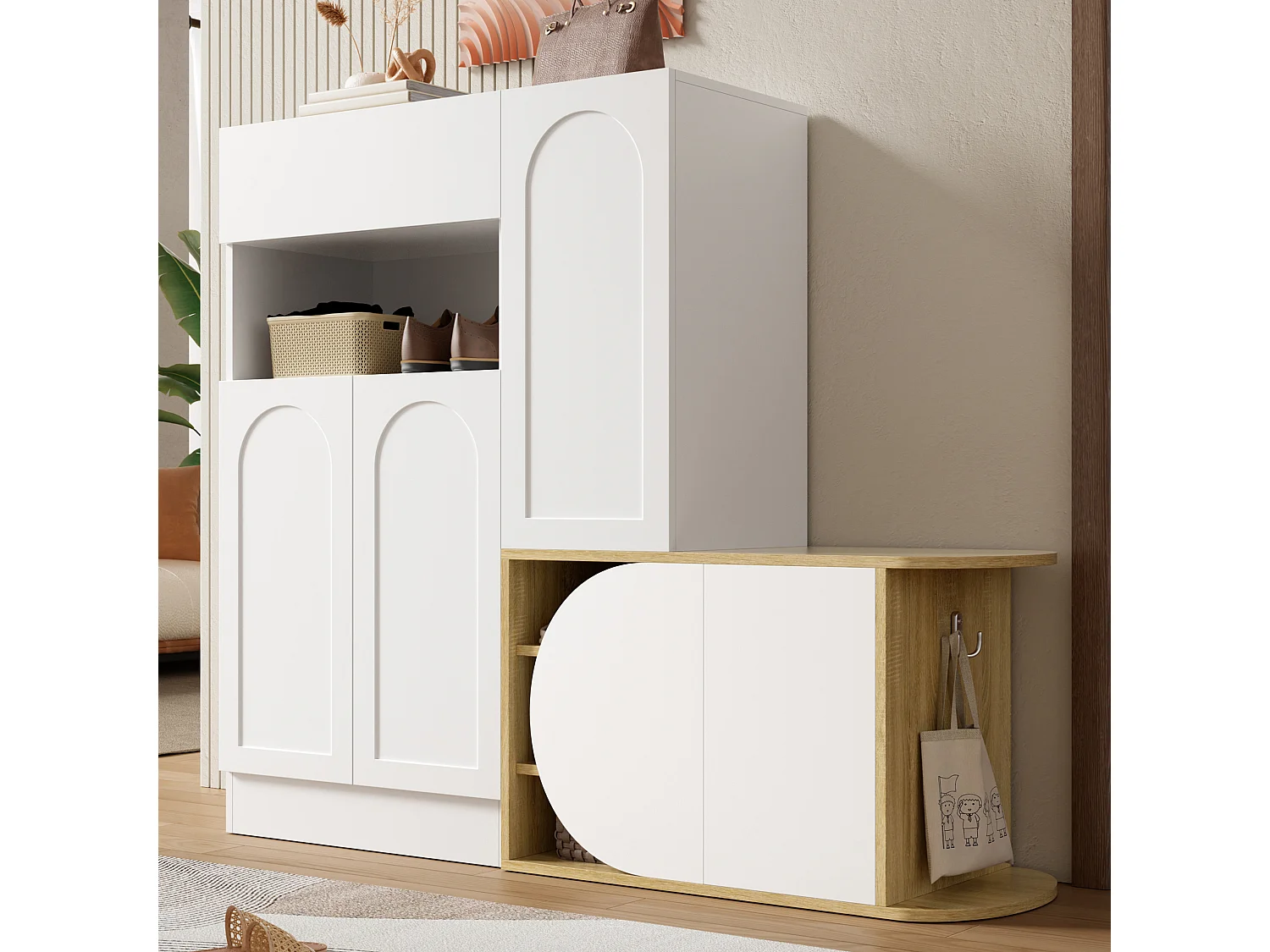 Meuble à chaussures avec banc, 5 portes, 1 tiroir et étagère ouverte – MDF – 130 x 35 x 110,5 cm – Blanc