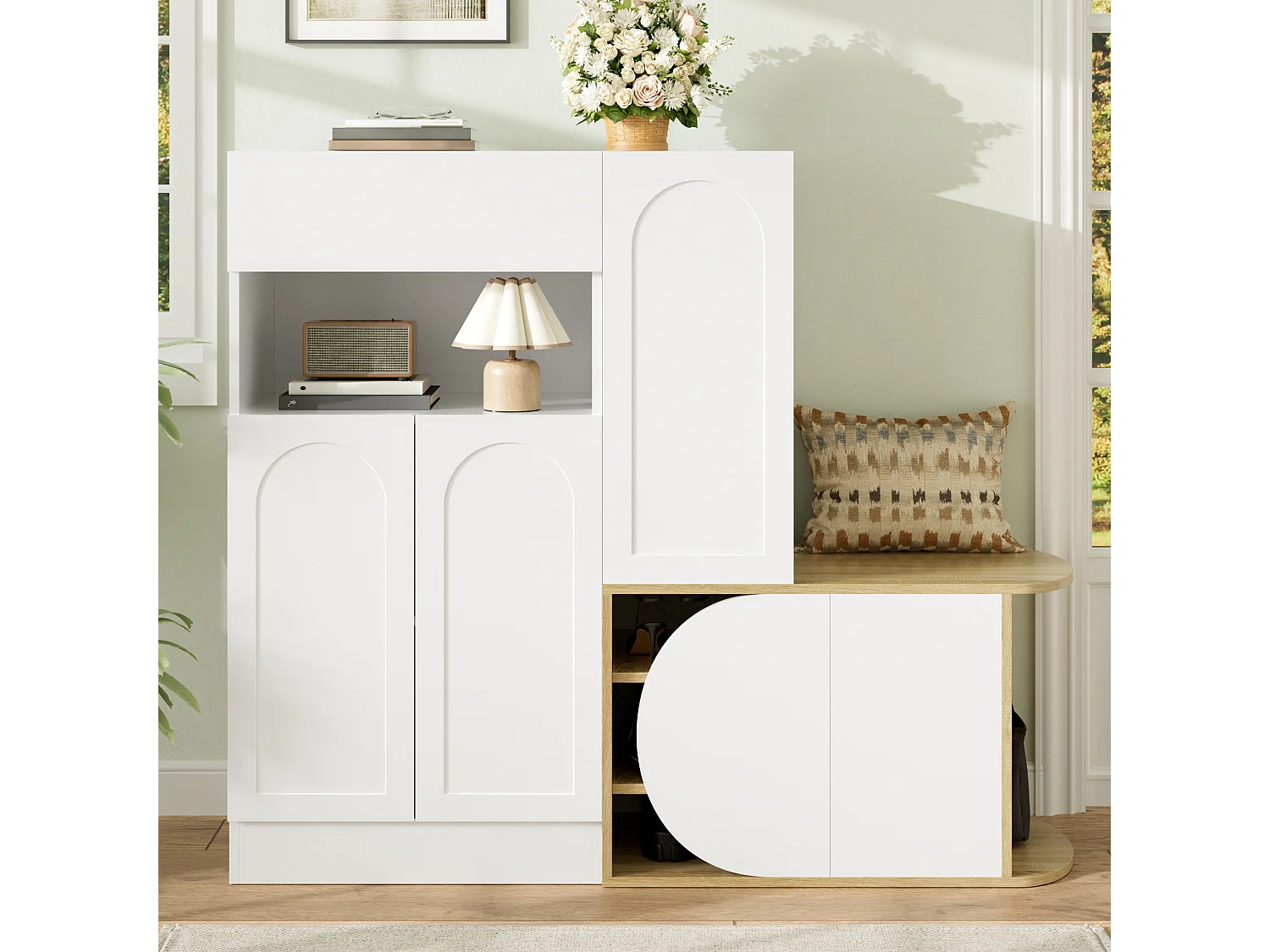 Meuble à chaussures avec banc, 5 portes, 1 tiroir et étagère ouverte – MDF – 130 x 35 x 110,5 cm – Blanc