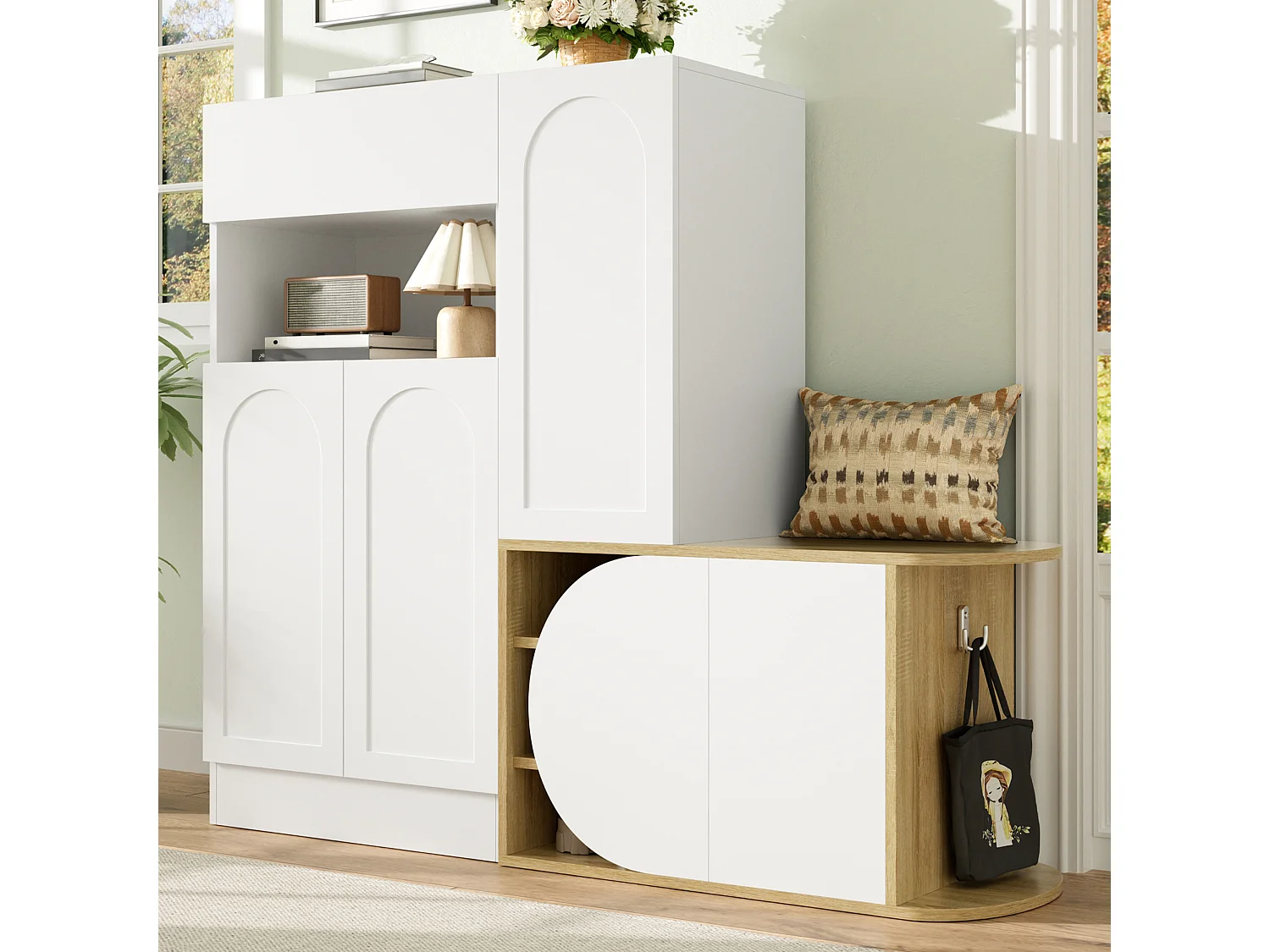 Meuble à chaussures avec banc, 5 portes, 1 tiroir et étagère ouverte – MDF – 130 x 35 x 110,5 cm – Blanc