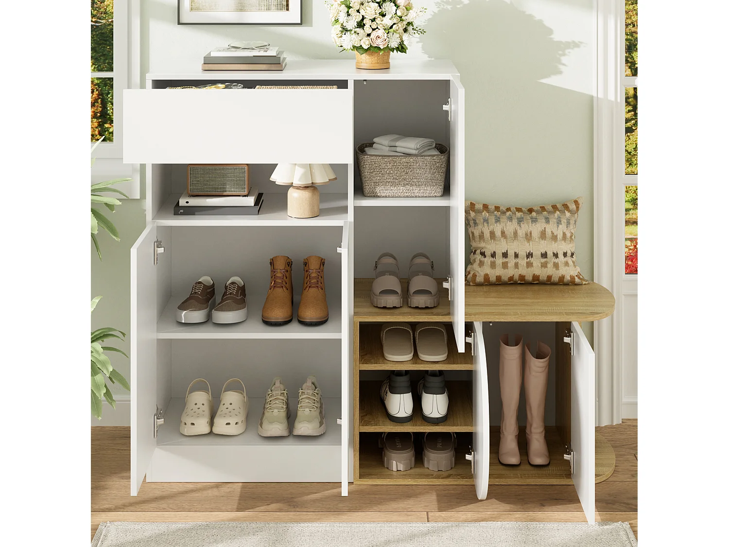 Meuble à chaussures avec banc, 5 portes, 1 tiroir et étagère ouverte – MDF – 130 x 35 x 110,5 cm – Blanc