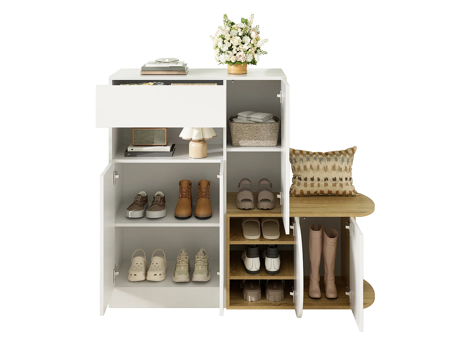 Meuble à chaussures avec banc, 5 portes, 1 tiroir et étagère ouverte – MDF – 130 x 35 x 110,5 cm – Blanc