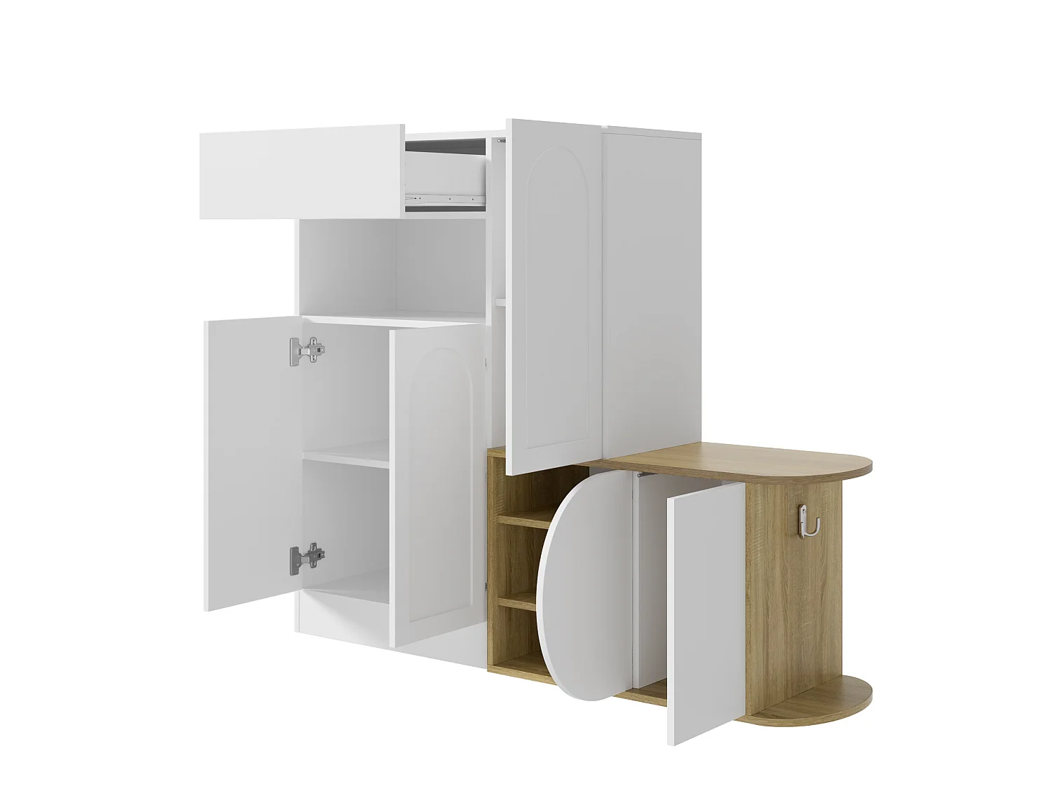 Meuble à chaussures avec banc, 5 portes, 1 tiroir et étagère ouverte – MDF – 130 x 35 x 110,5 cm – Blanc