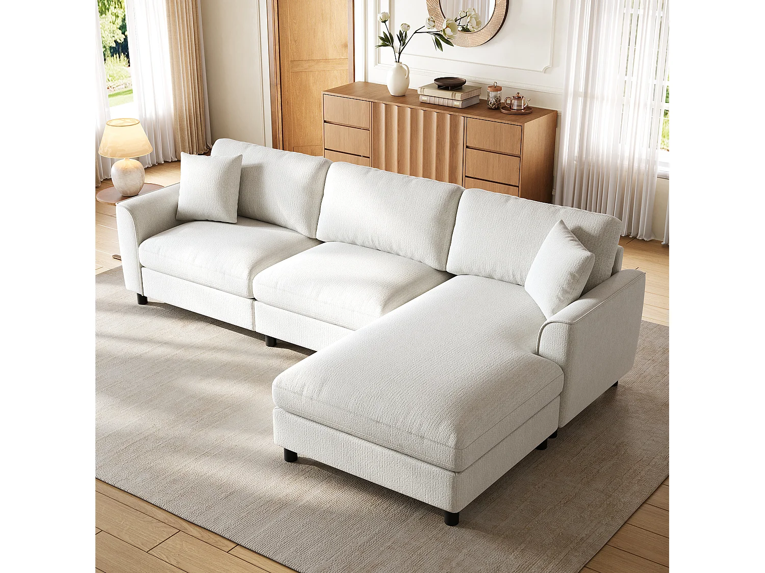 Canapé d'angle 3 places 256 × 137 × 79 cm - avec méridienne - peut être installé à gauche ou à droite - tissu chenille - beige
