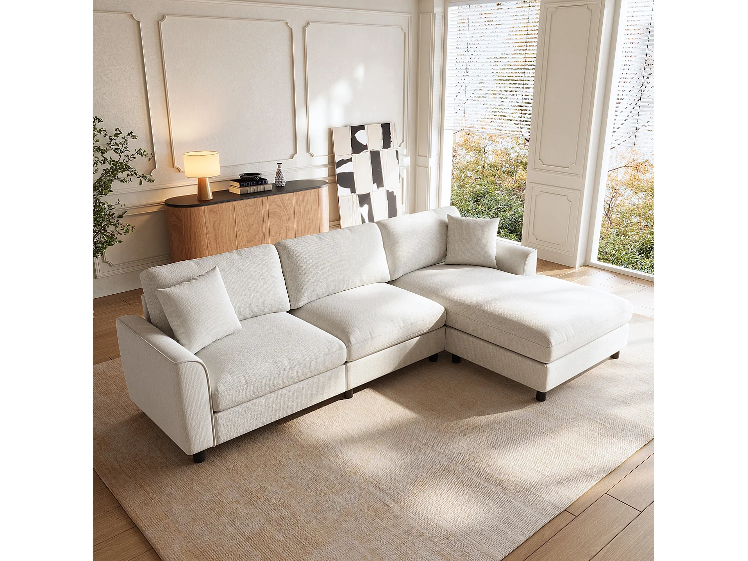Canapé d'angle 3 places 256 × 137 × 79 cm - avec méridienne - peut être installé à gauche ou à droite - tissu chenille - beige
